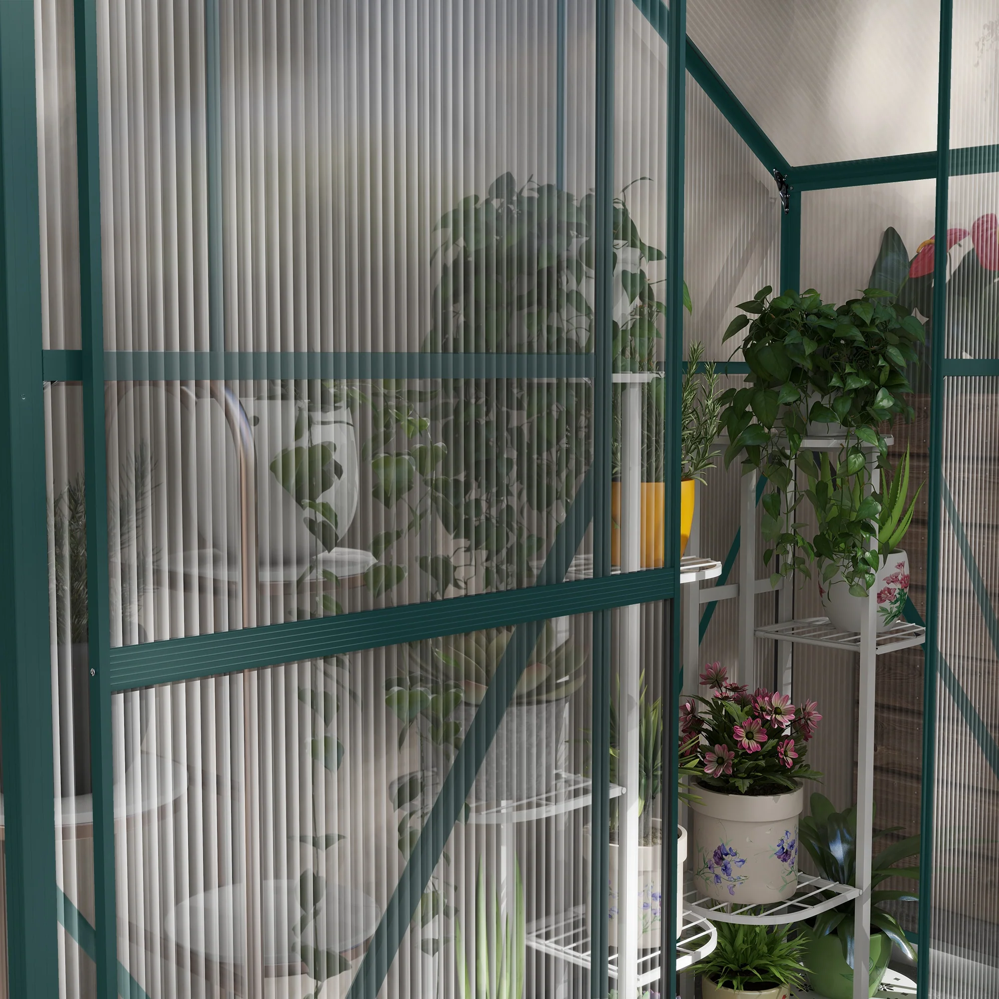 BloomGreen 6 x 2.5ft Polycarbonate Greenhouse w/ Sliding Door, 5-Level Roof Vent & Rain Gutter, Green - Image 11