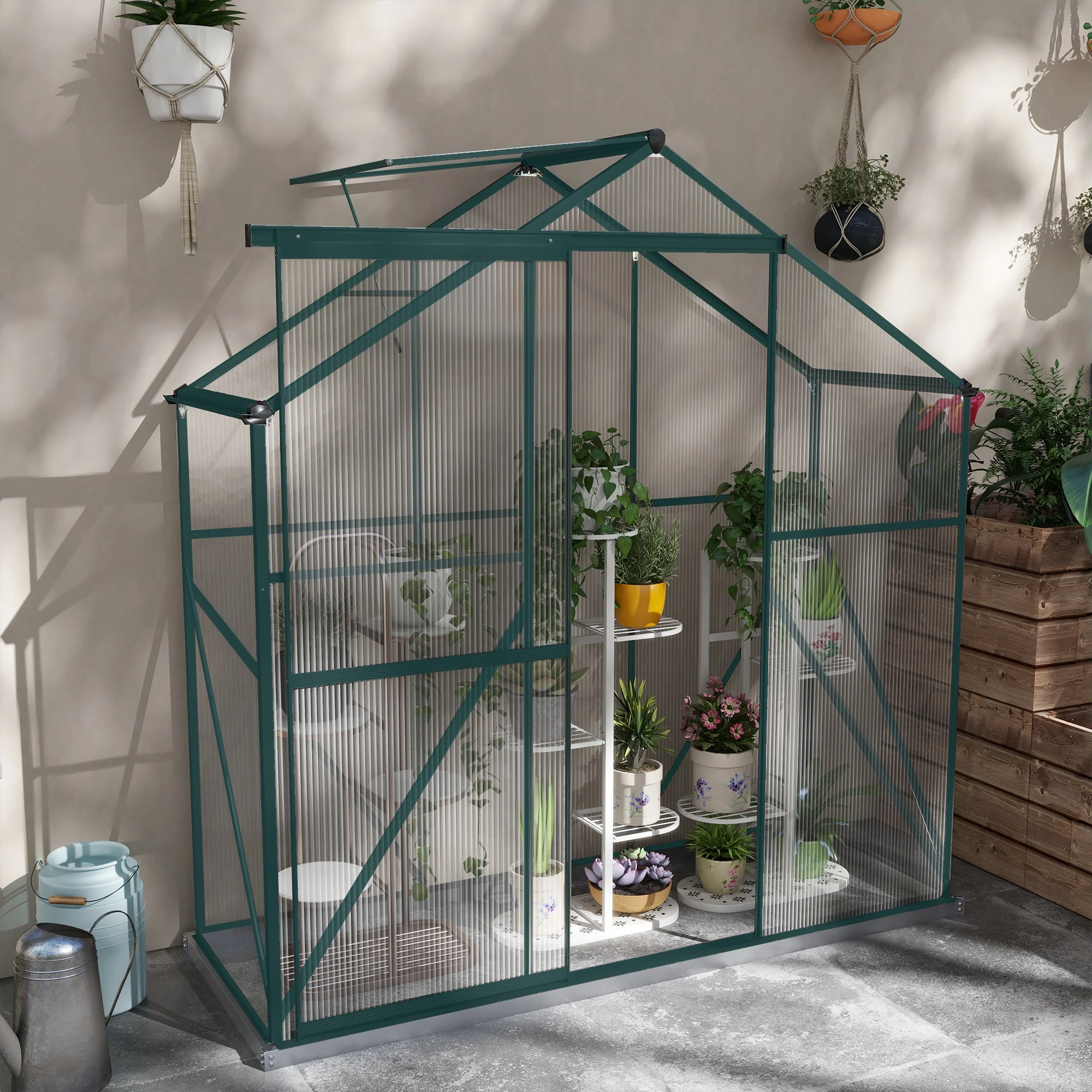 BloomGreen 6 x 2.5ft Polycarbonate Greenhouse w/ Sliding Door, 5-Level Roof Vent & Rain Gutter, Green - Image 3