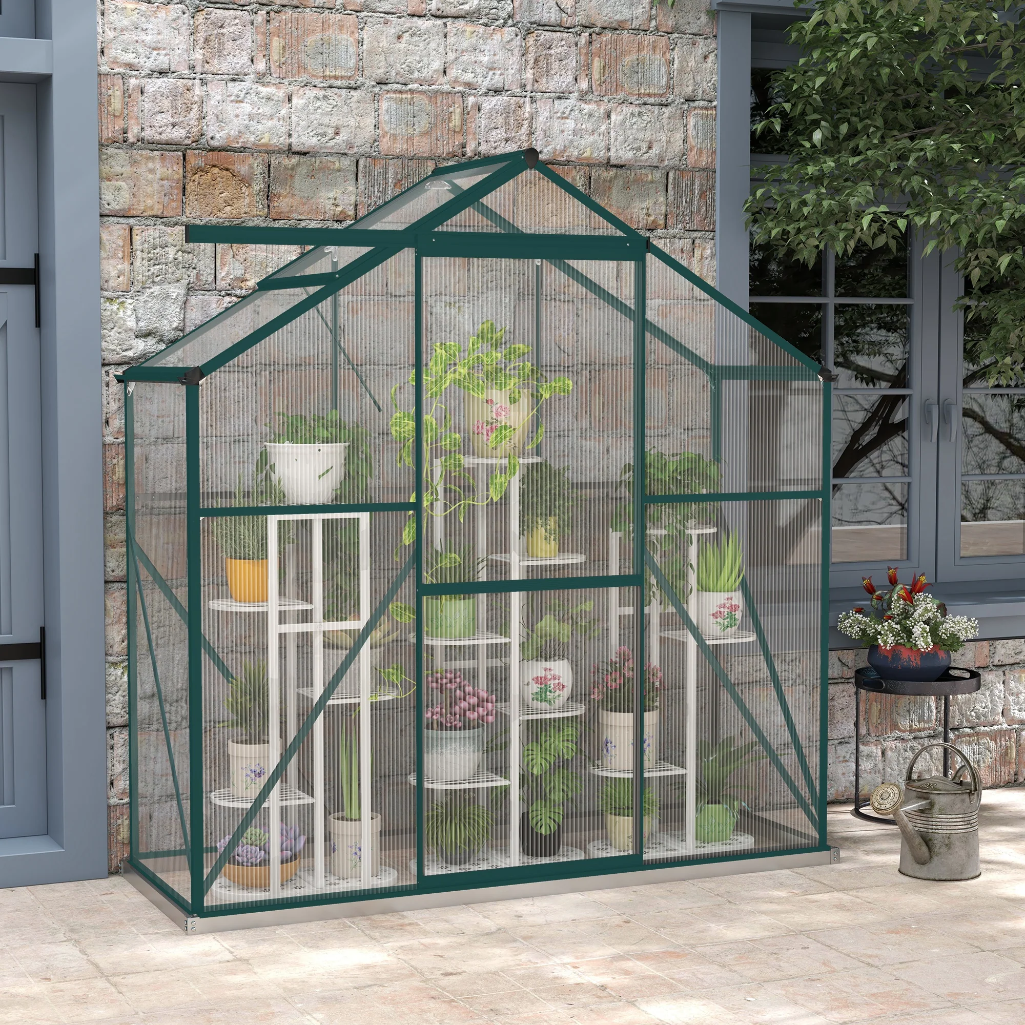 BloomGreen 6 x 2.5ft Polycarbonate Greenhouse w/ Sliding Door, 5-Level Roof Vent & Rain Gutter, Green - Image 4