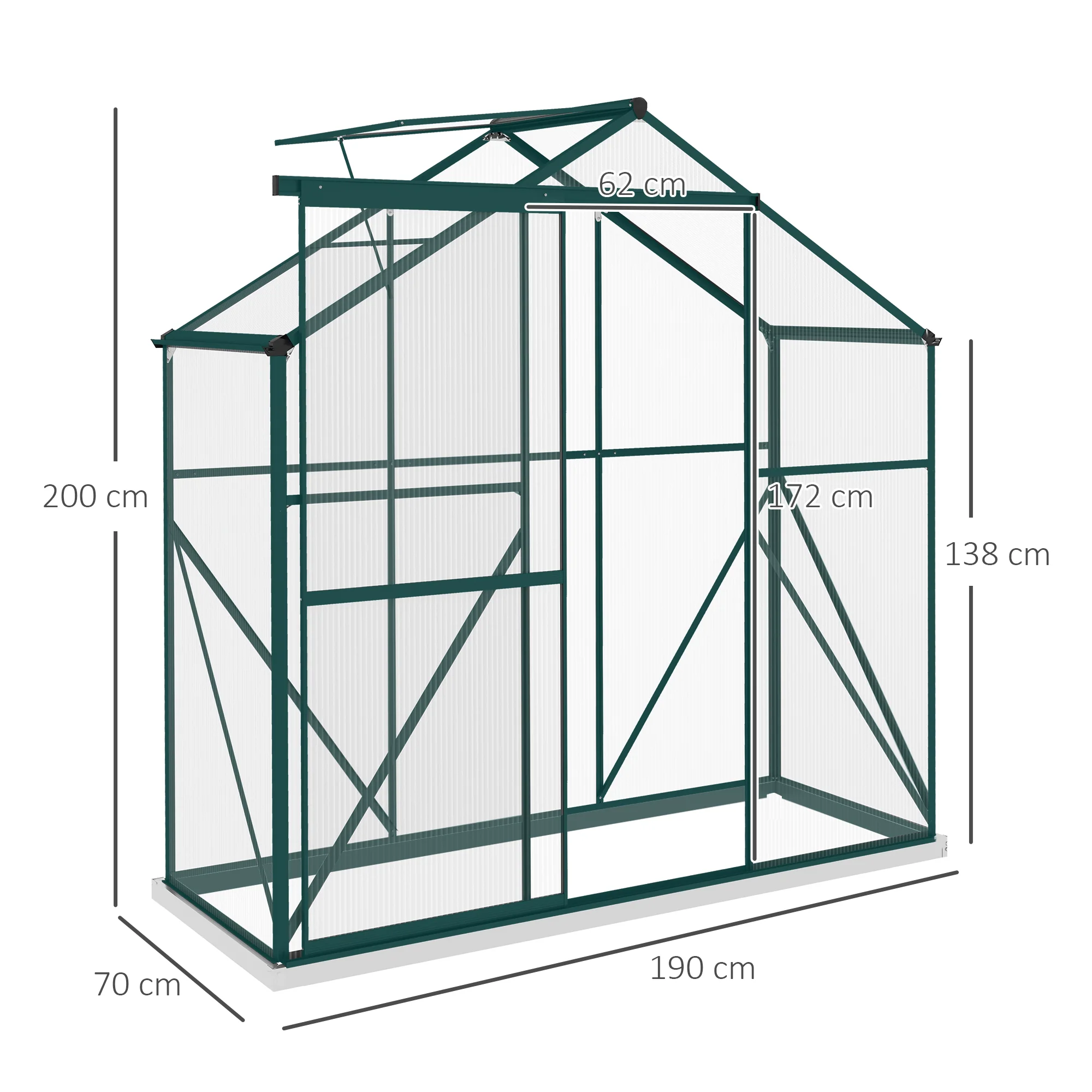 BloomGreen 6 x 2.5ft Polycarbonate Greenhouse w/ Sliding Door, 5-Level Roof Vent & Rain Gutter, Green - Image 5
