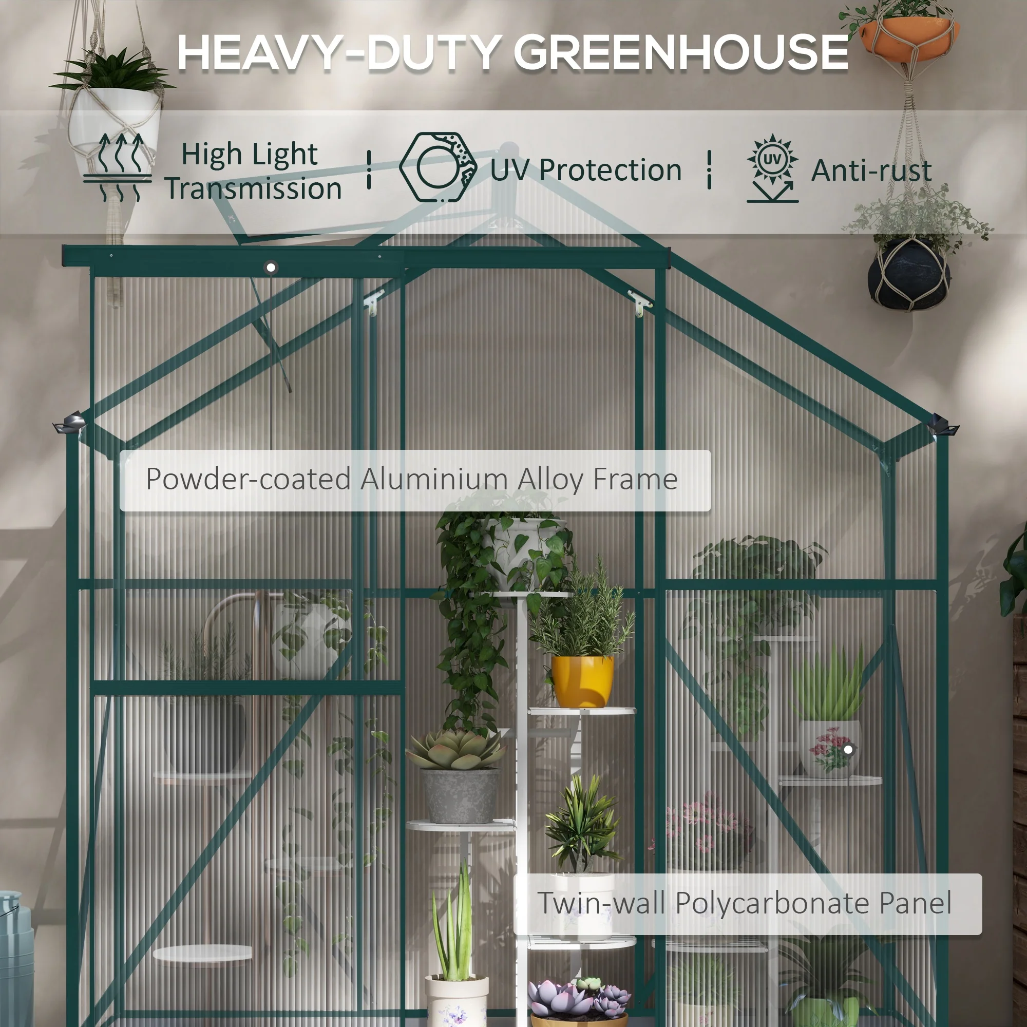 BloomGreen 6 x 2.5ft Polycarbonate Greenhouse w/ Sliding Door, 5-Level Roof Vent & Rain Gutter, Green - Image 6