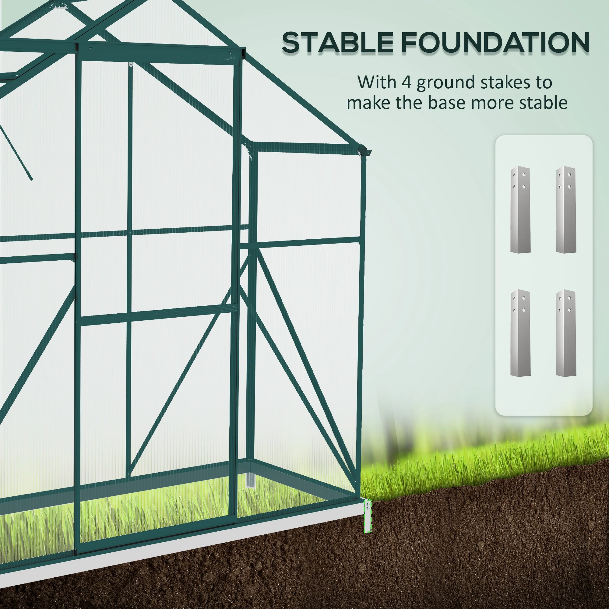 BloomGreen 6 x 2.5ft Polycarbonate Greenhouse w/ Sliding Door, 5-Level Roof Vent & Rain Gutter, Green - Image 7