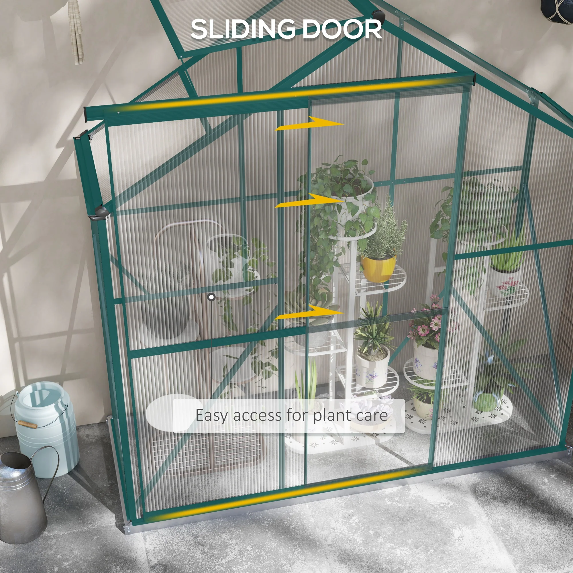 BloomGreen 6 x 2.5ft Polycarbonate Greenhouse w/ Sliding Door, 5-Level Roof Vent & Rain Gutter, Green - Image 8