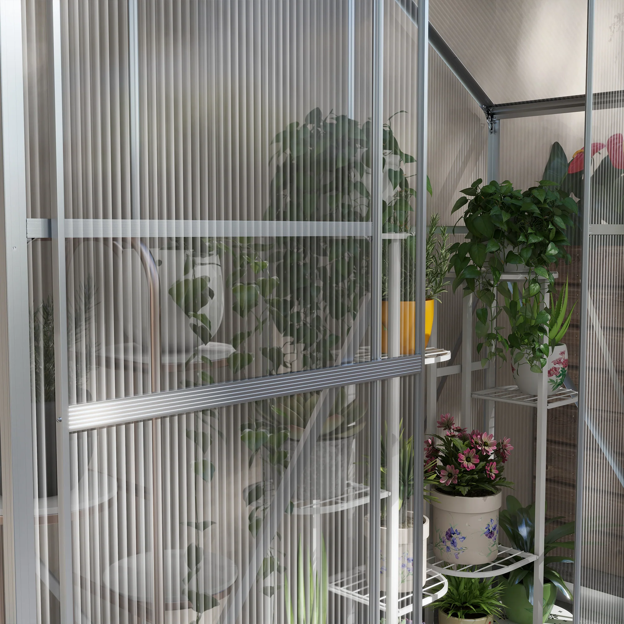 BloomGreen 6 x 2.5ft Polycarbonate Greenhouse w/ Sliding Door, 5-Level Roof Vent & Rain Gutter, Silver - Image 11