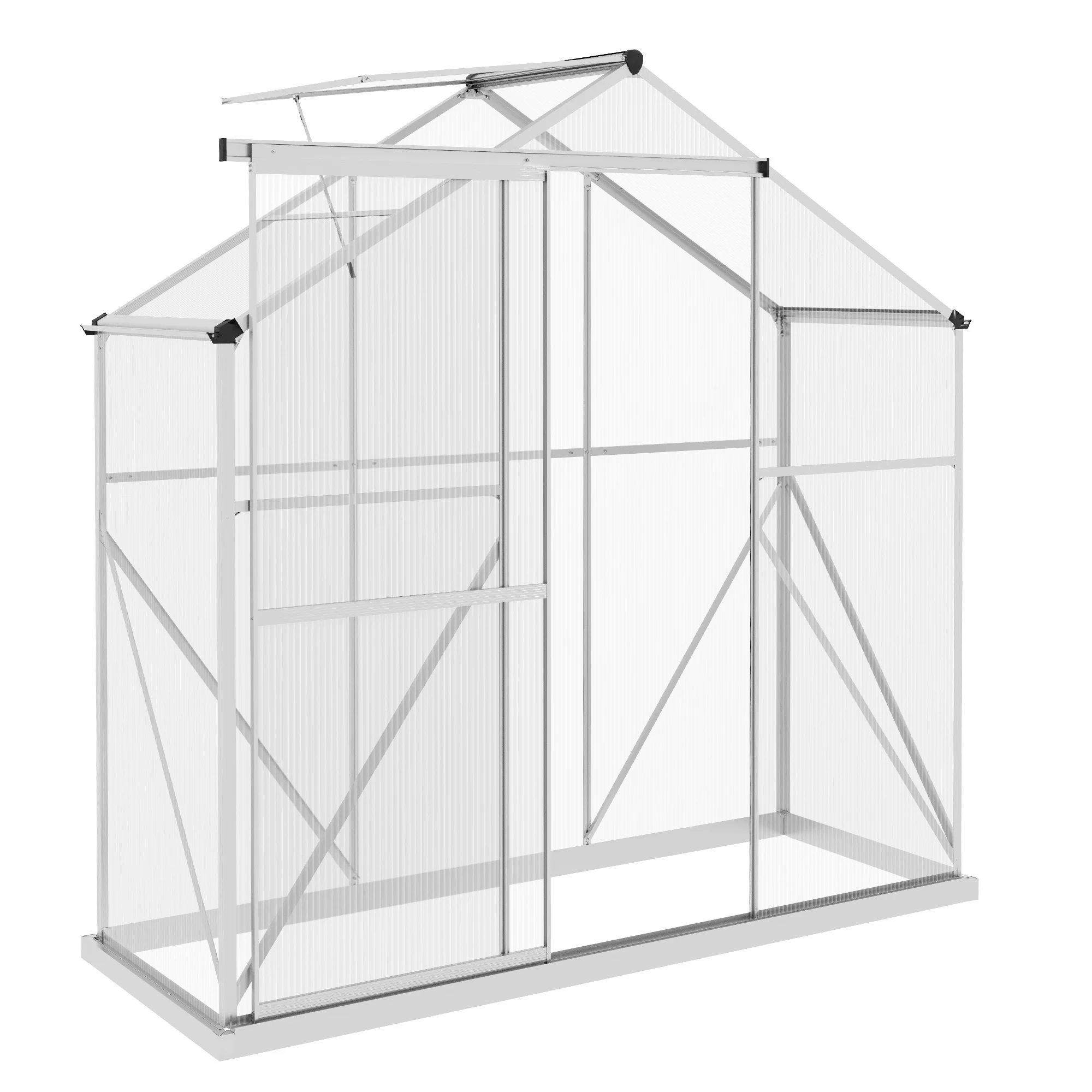 BloomGreen 6 x 2.5ft Polycarbonate Greenhouse w/ Sliding Door, 5-Level Roof Vent & Rain Gutter, Silver - Image 12
