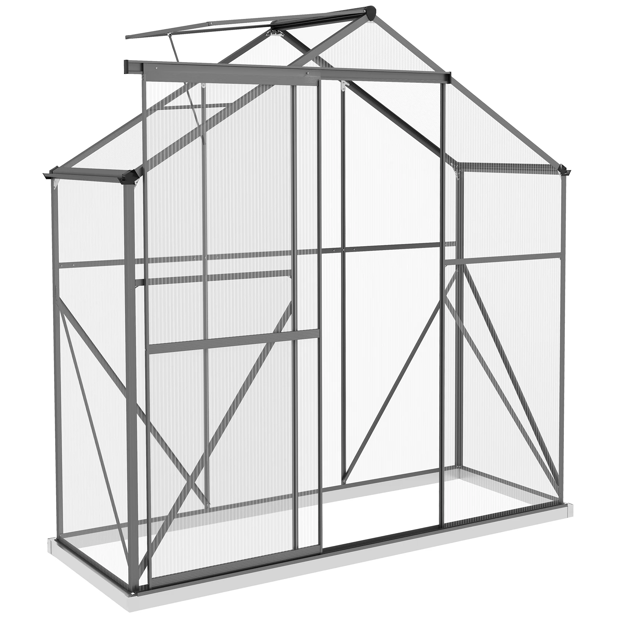 BloomGreen 6 x 2.5ft Polycarbonate Greenhouse w/ Sliding Door, 5-Level Roof Vent & Rain Gutter, Dark Grey - Image 12