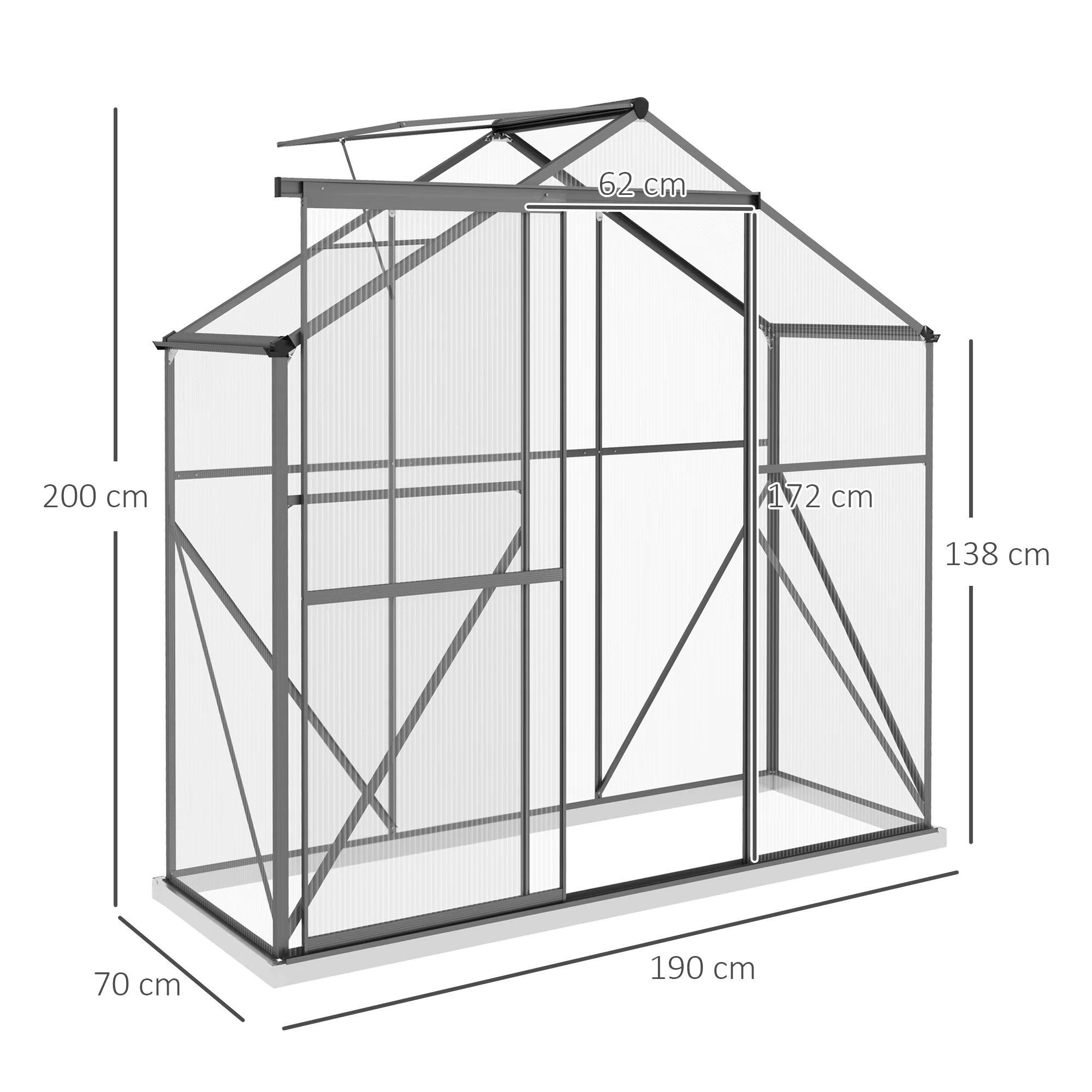 BloomGreen 6 x 2.5ft Polycarbonate Greenhouse w/ Sliding Door, 5-Level Roof Vent & Rain Gutter, Dark Grey - Image 5