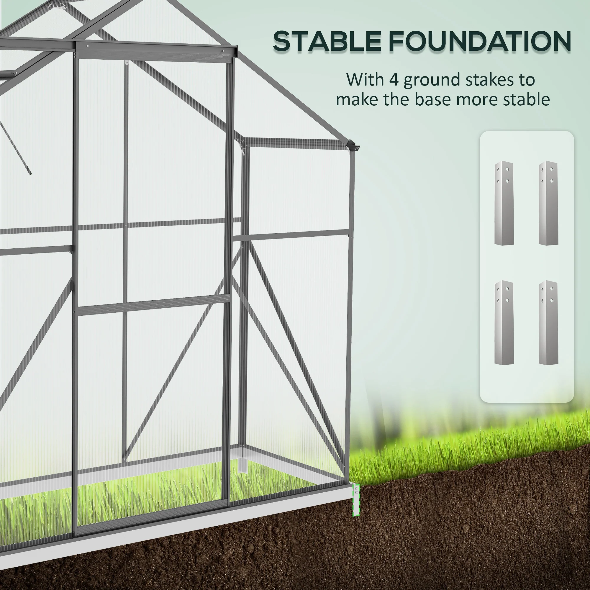 BloomGreen 6 x 2.5ft Polycarbonate Greenhouse w/ Sliding Door, 5-Level Roof Vent & Rain Gutter, Dark Grey - Image 7