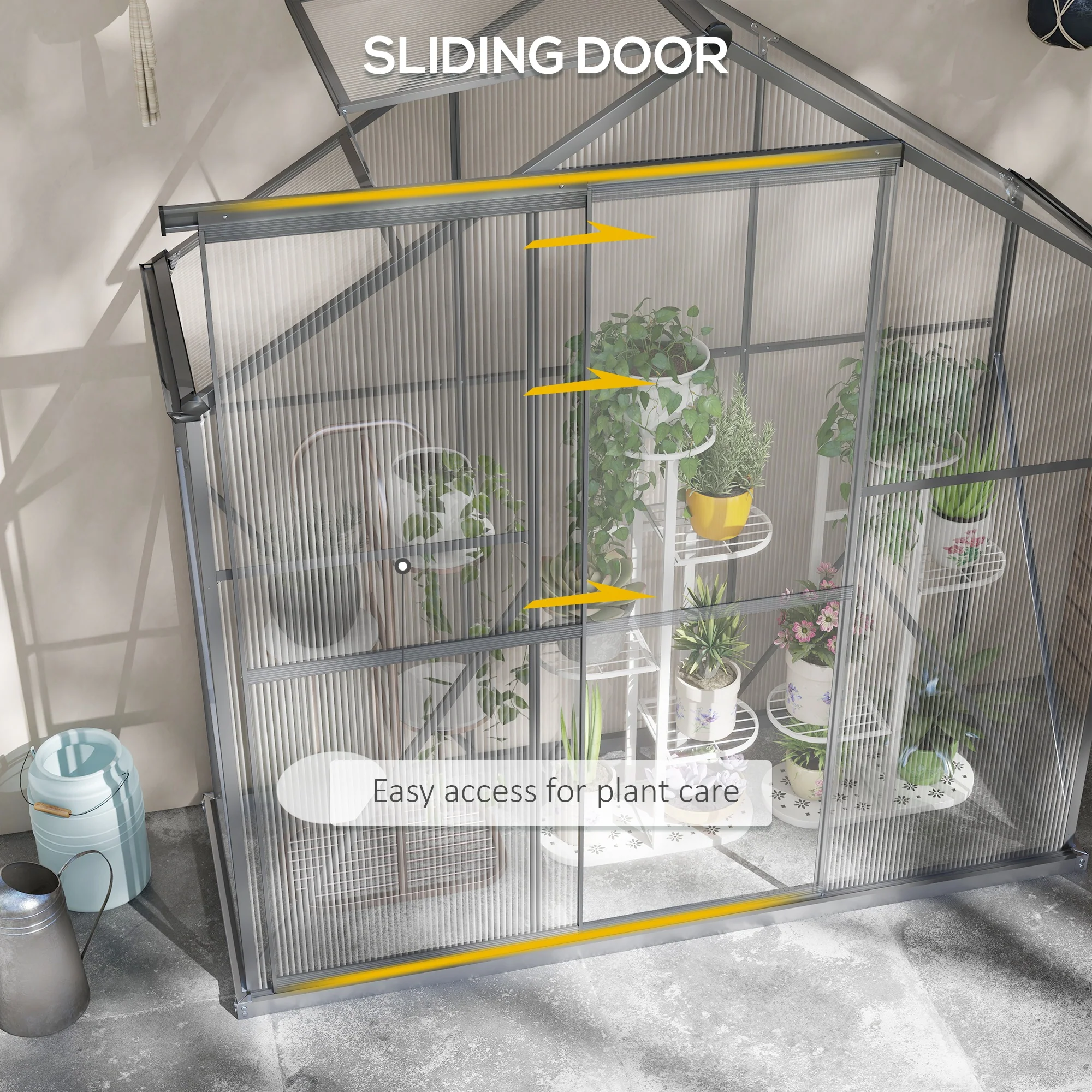 BloomGreen 6 x 2.5ft Polycarbonate Greenhouse w/ Sliding Door, 5-Level Roof Vent & Rain Gutter, Dark Grey - Image 8