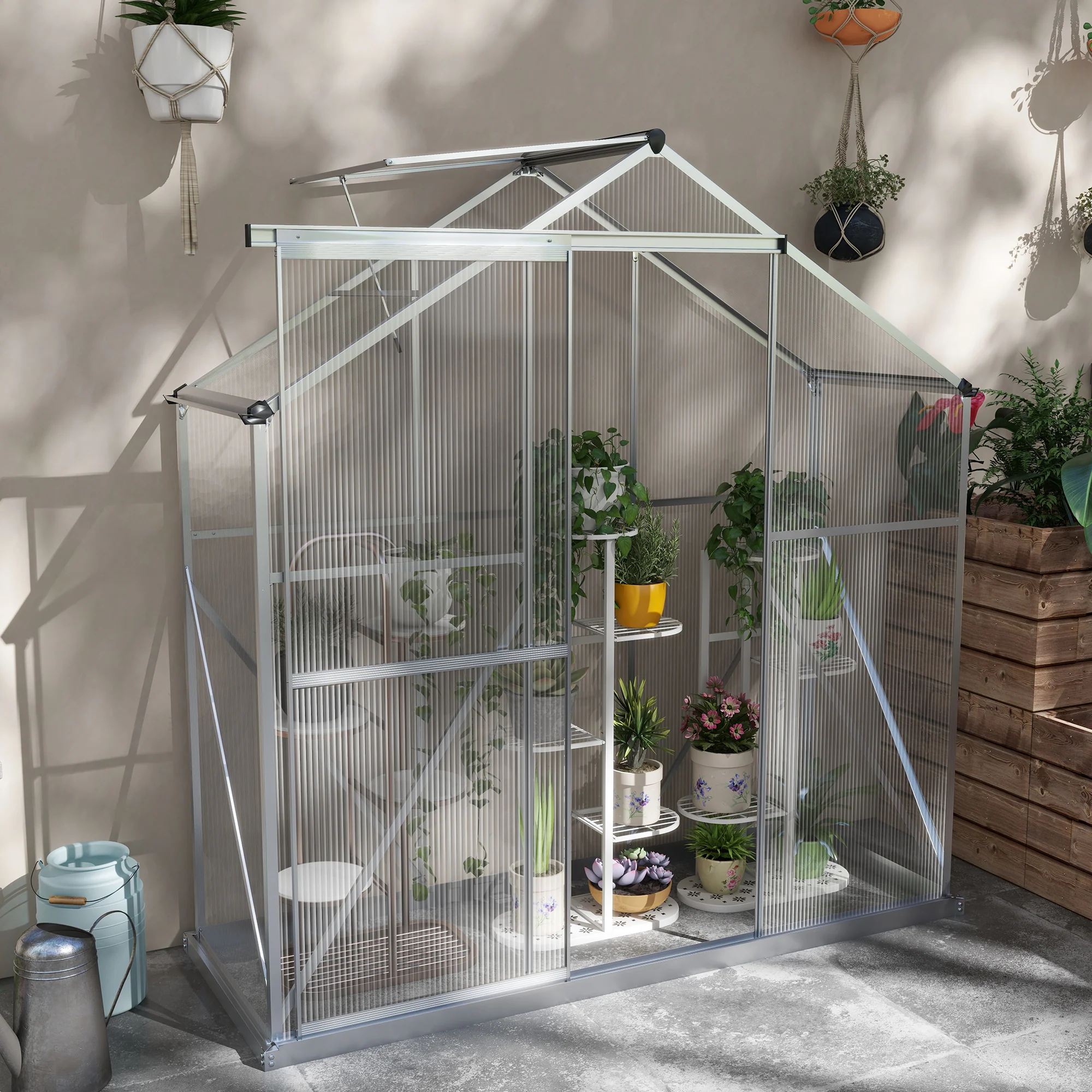 BloomGreen 6 x 2.5ft Polycarbonate Greenhouse w/ Sliding Door, 5-Level Roof Vent & Rain Gutter, Silver - Image 3