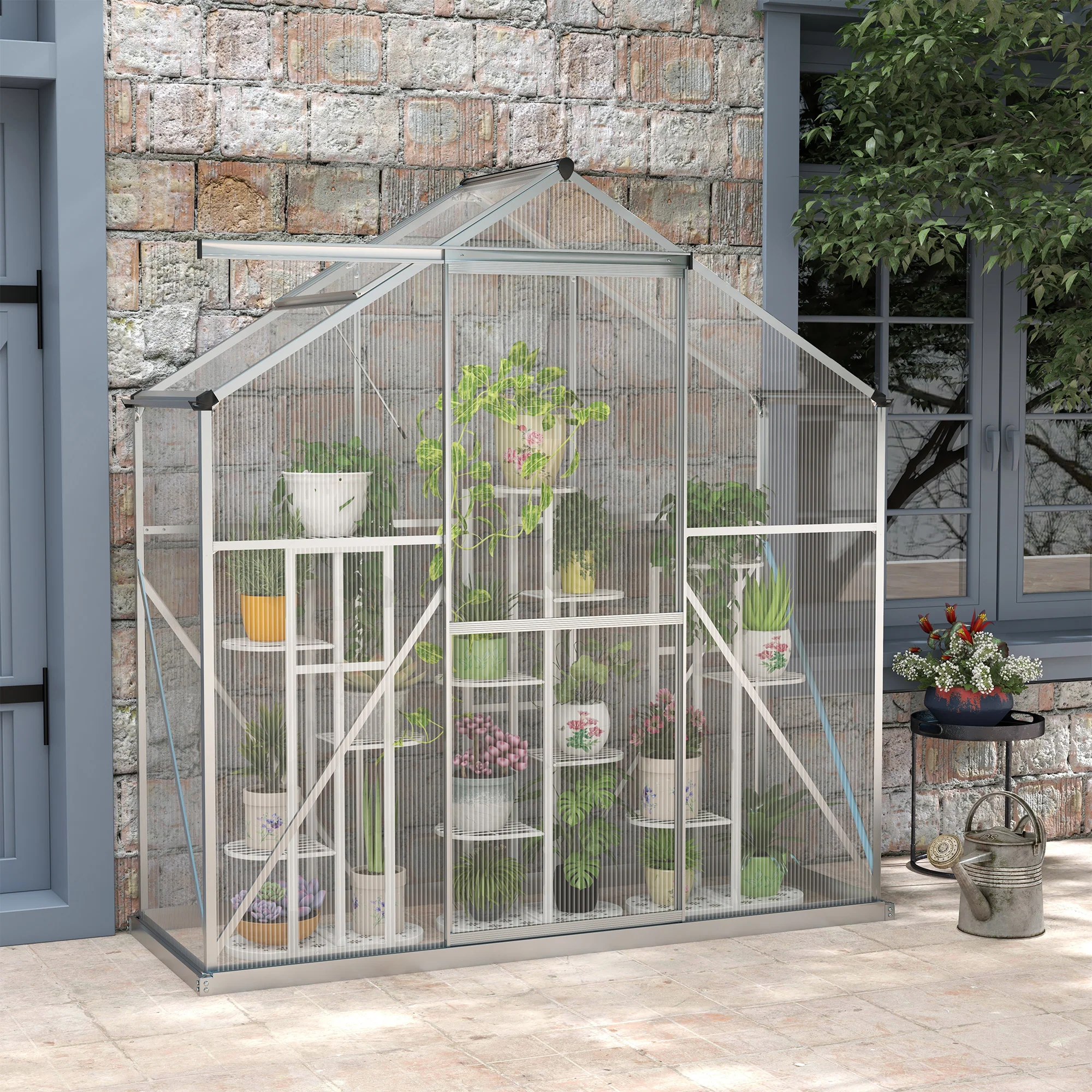 BloomGreen 6 x 2.5ft Polycarbonate Greenhouse w/ Sliding Door, 5-Level Roof Vent & Rain Gutter, Silver - Image 4