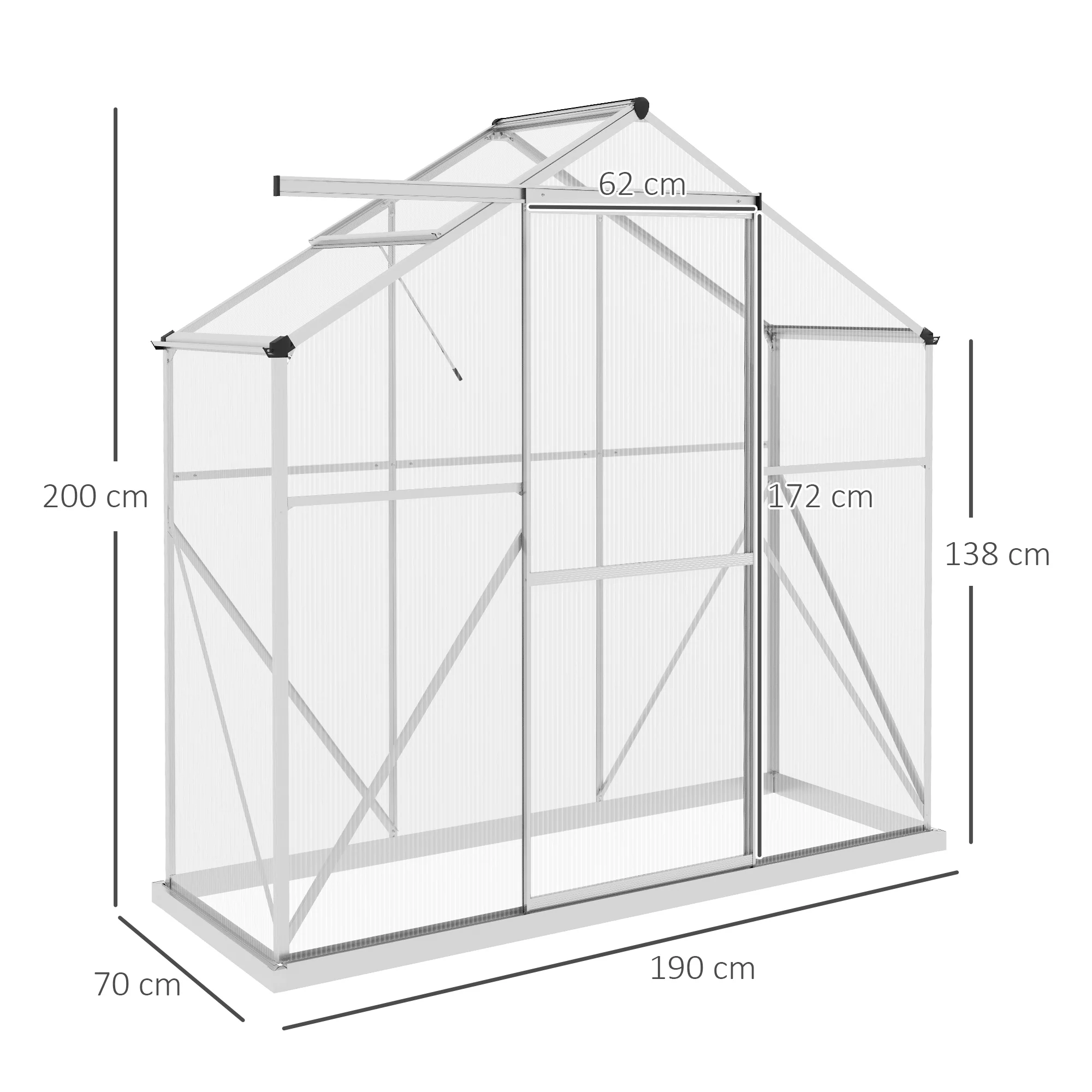 BloomGreen 6 x 2.5ft Polycarbonate Greenhouse w/ Sliding Door, 5-Level Roof Vent & Rain Gutter, Silver - Image 5