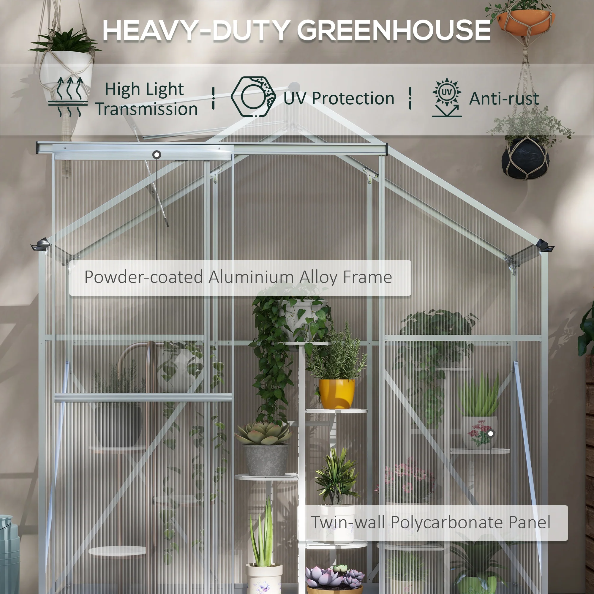 BloomGreen 6 x 2.5ft Polycarbonate Greenhouse w/ Sliding Door, 5-Level Roof Vent & Rain Gutter, Silver - Image 6