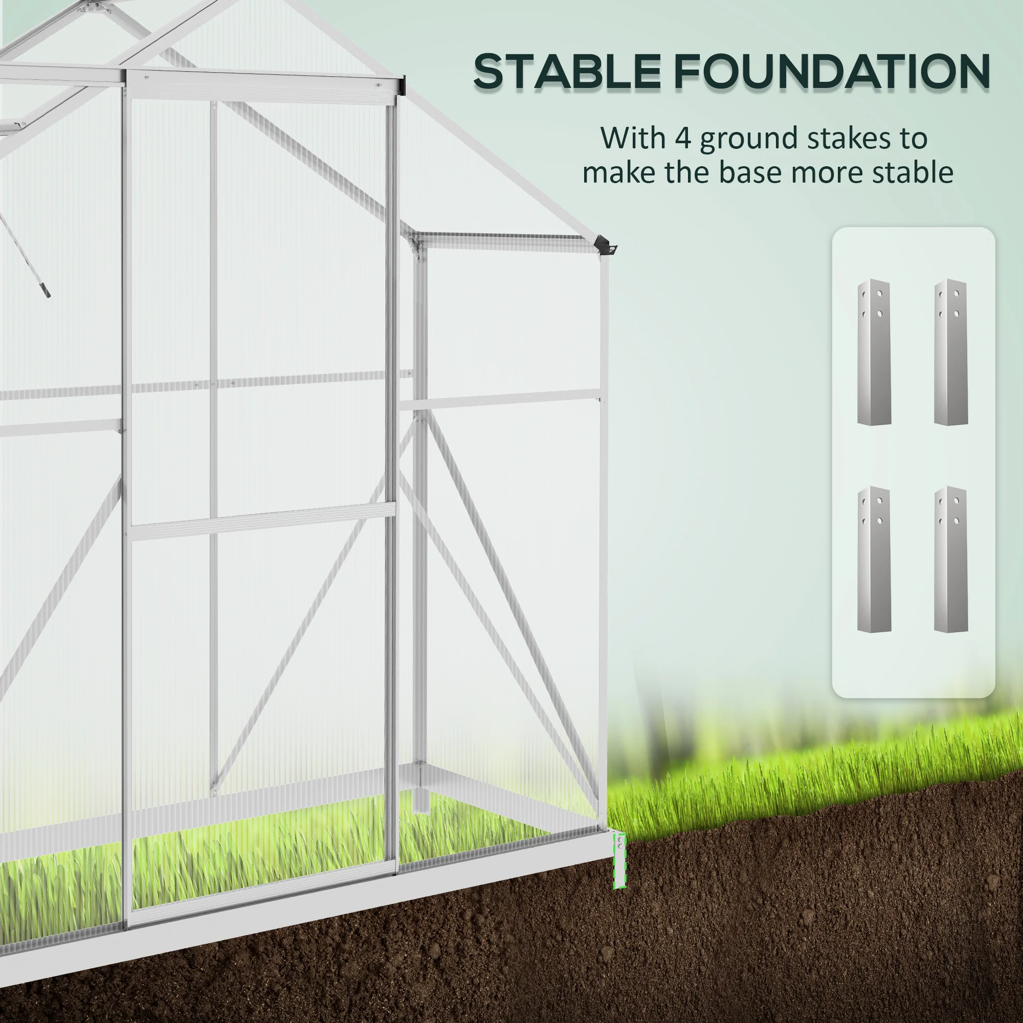 BloomGreen 6 x 2.5ft Polycarbonate Greenhouse w/ Sliding Door, 5-Level Roof Vent & Rain Gutter, Silver - Image 7