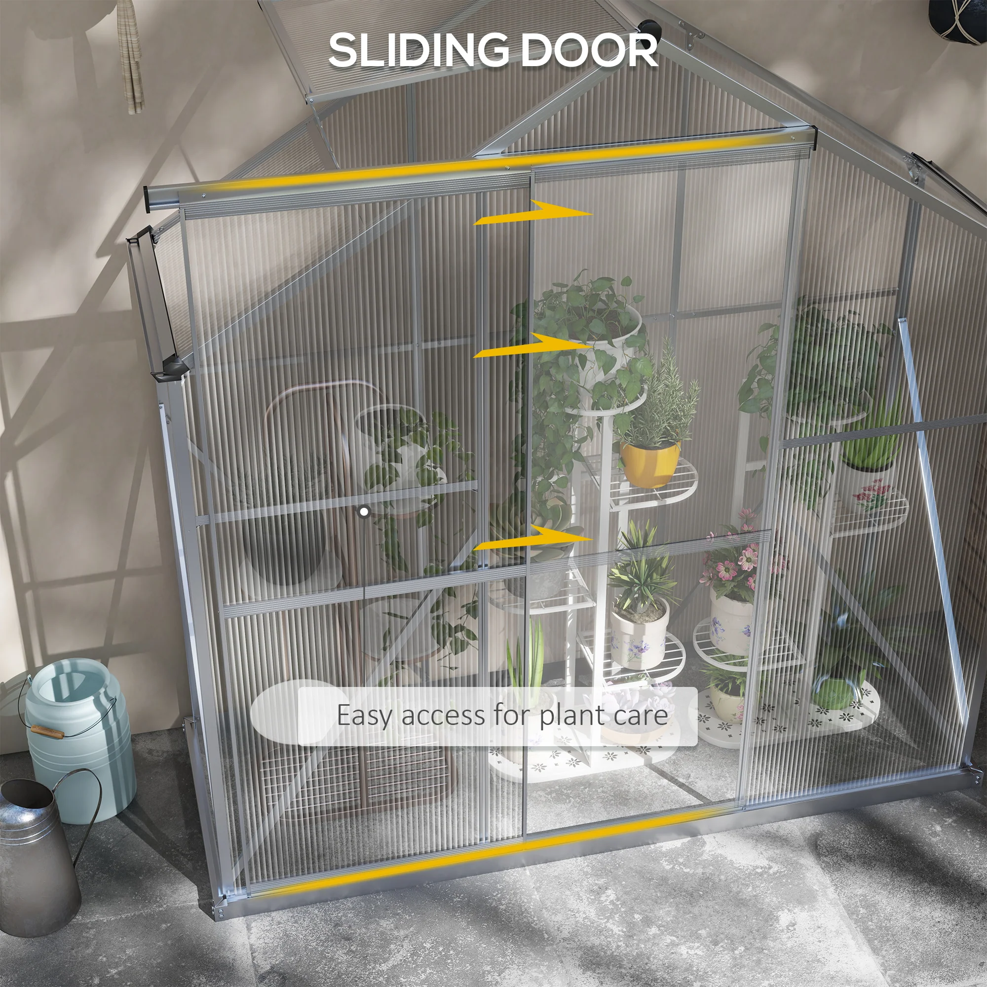 BloomGreen 6 x 2.5ft Polycarbonate Greenhouse w/ Sliding Door, 5-Level Roof Vent & Rain Gutter, Silver - Image 8