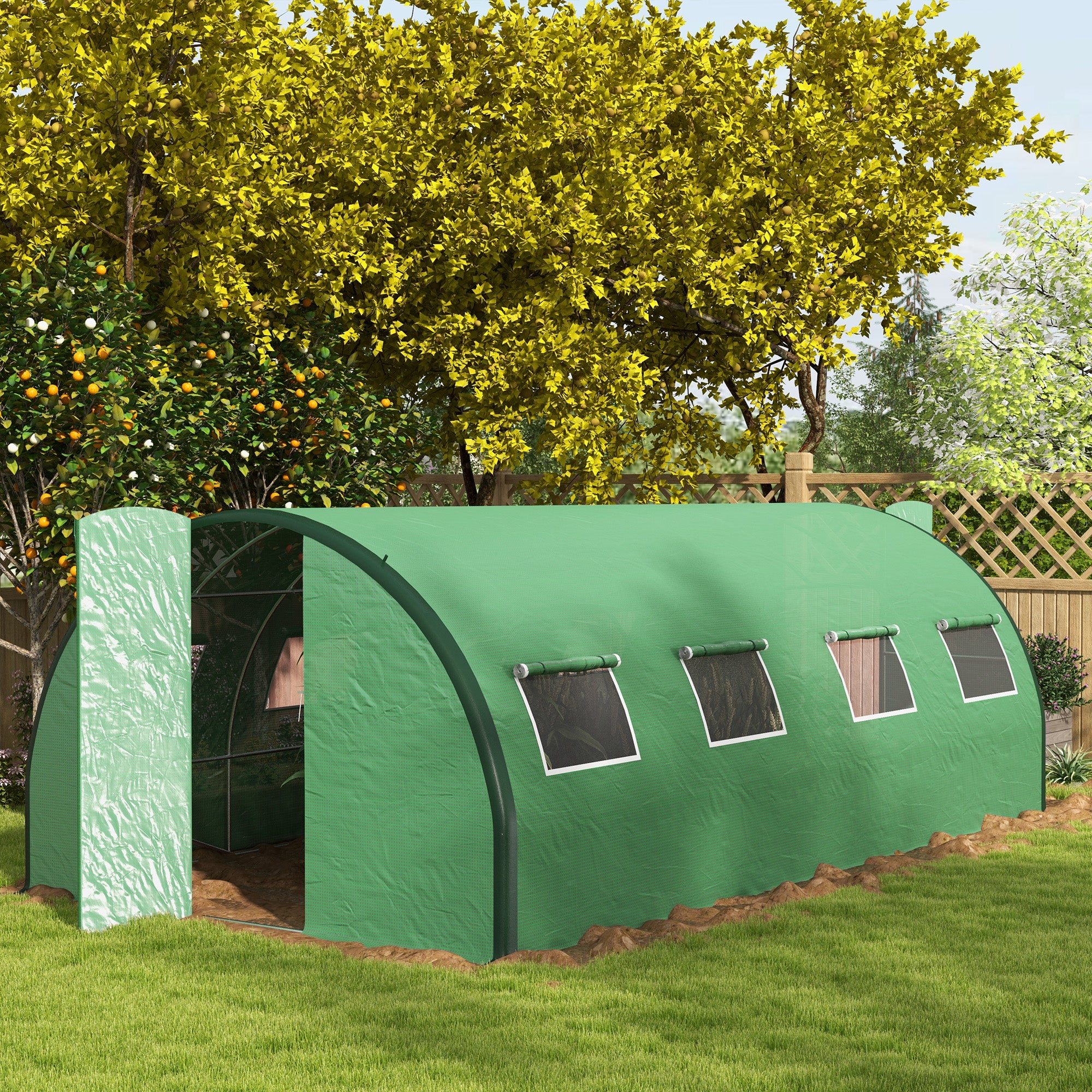 6 x 3m Walk-in Polytunnel Greenhouse with 2 Hinged Doors & 8 Mesh Windows, Green - Image 4