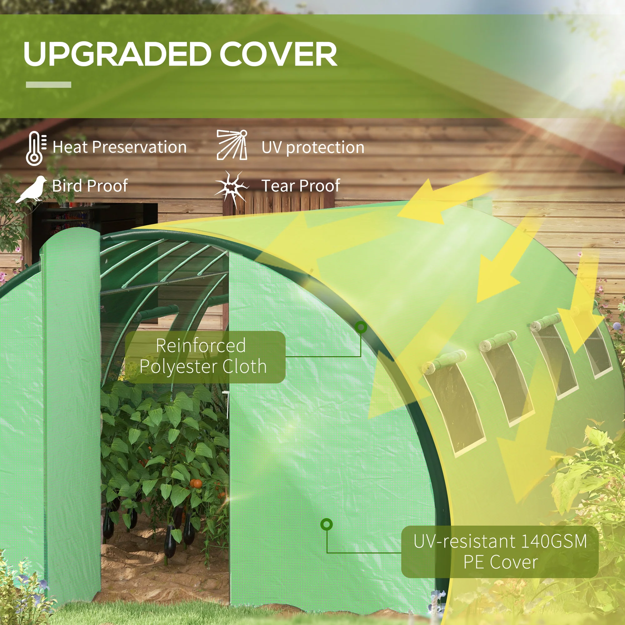 6 x 3m Walk-in Polytunnel Greenhouse with 2 Hinged Doors & 8 Mesh Windows, Green - Image 6