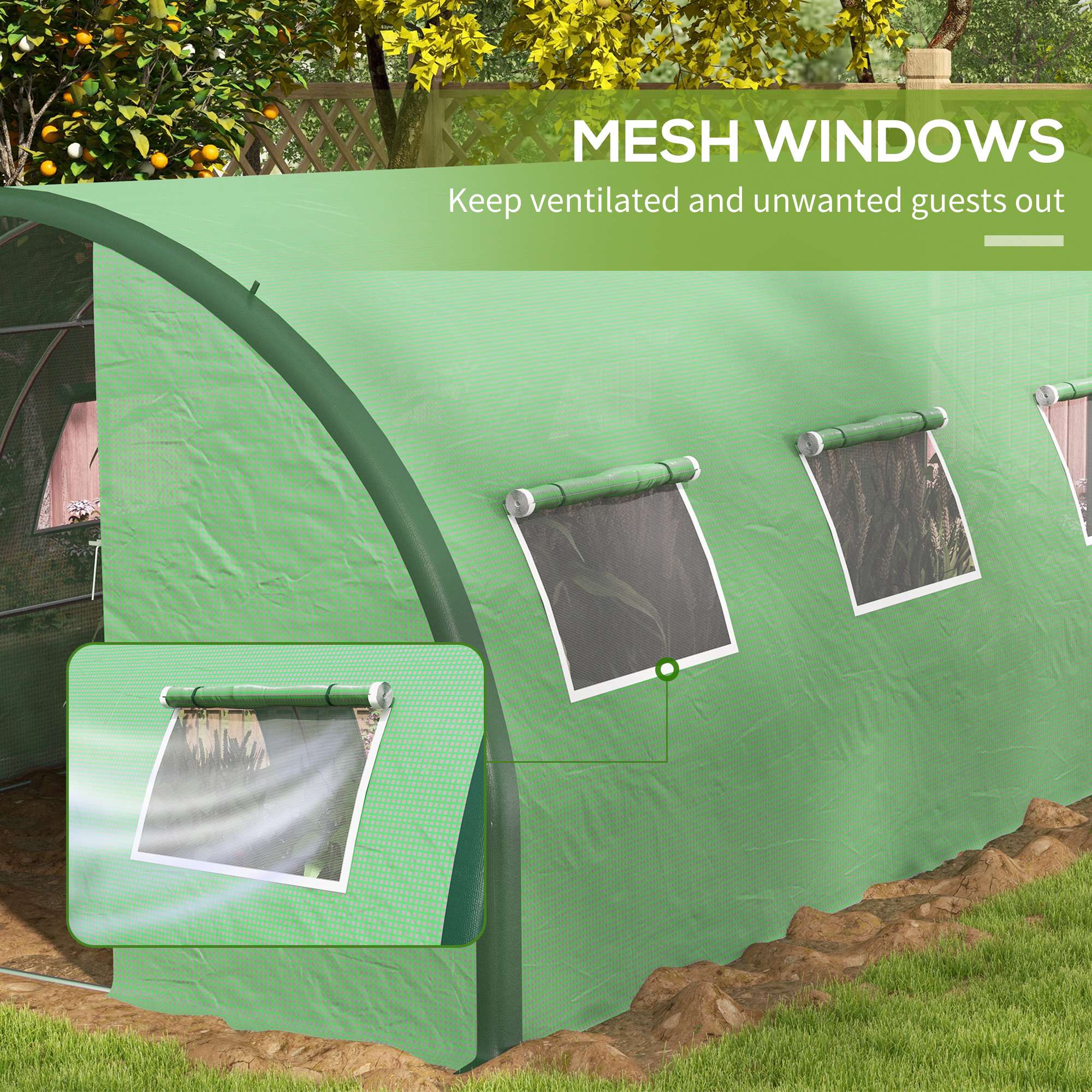6 x 3m Walk-in Polytunnel Greenhouse with 2 Hinged Doors & 8 Mesh Windows, Green - Image 9