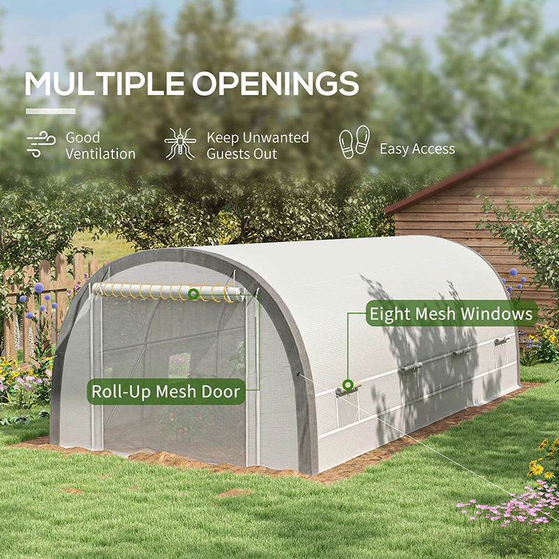 6 x 3m Walk-in Polytunnel Greenhouse with Upgraded Structure & 8 Mesh Windows, White - Image 7