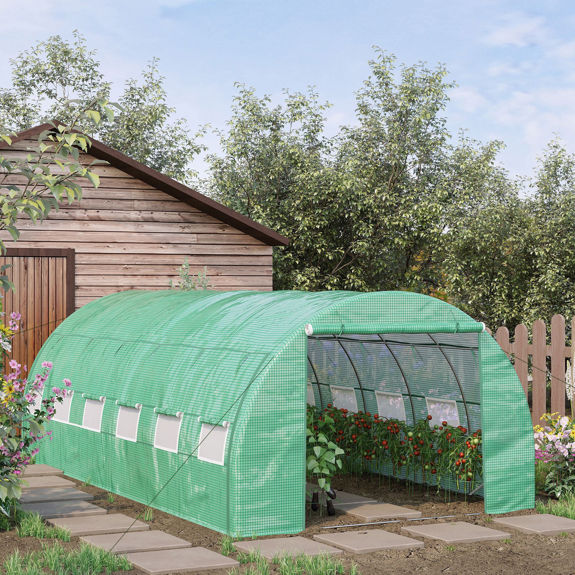 6 x 3 x 2m Polytunnel Greenhouse with Roll-up Side Walls, Reinforced Cover & 12 Mesh Windows, Green - Image 3
