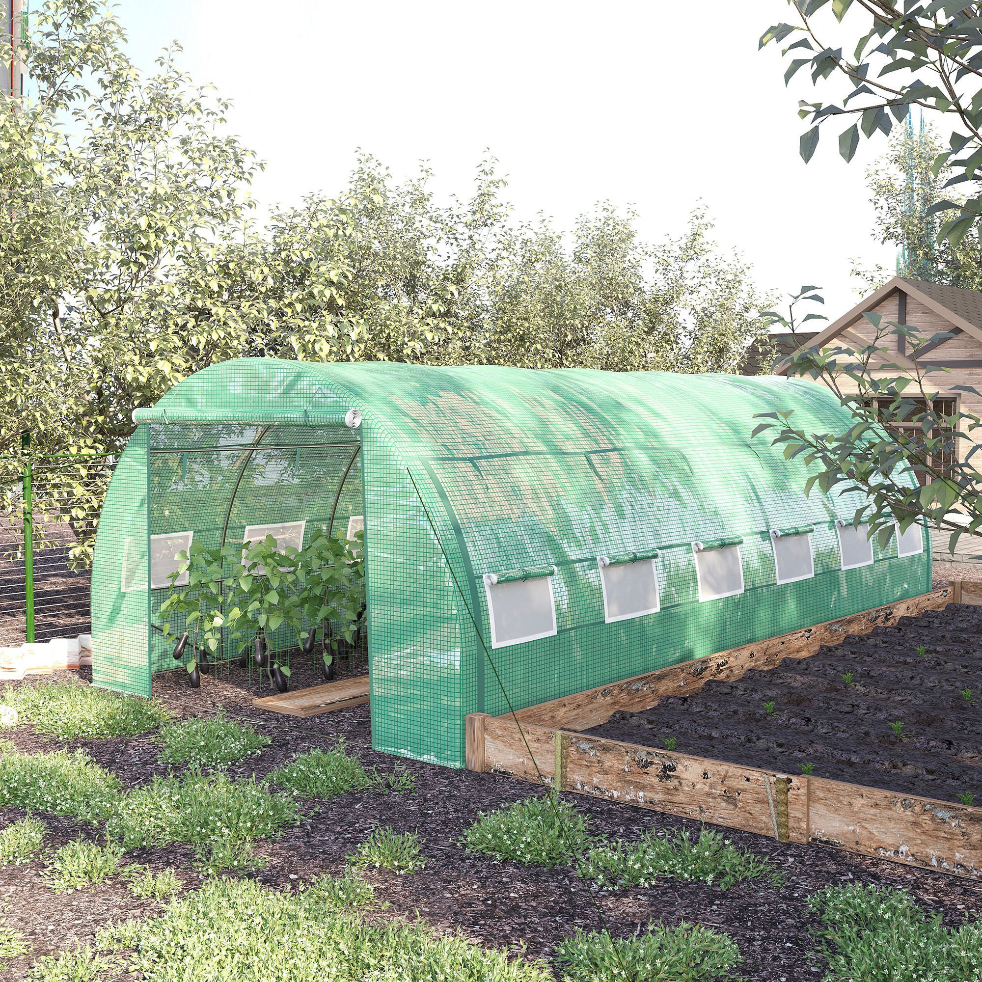 6 x 3 x 2m Polytunnel Greenhouse with Roll-up Side Walls, Reinforced Cover & 12 Mesh Windows, Green - Image 4