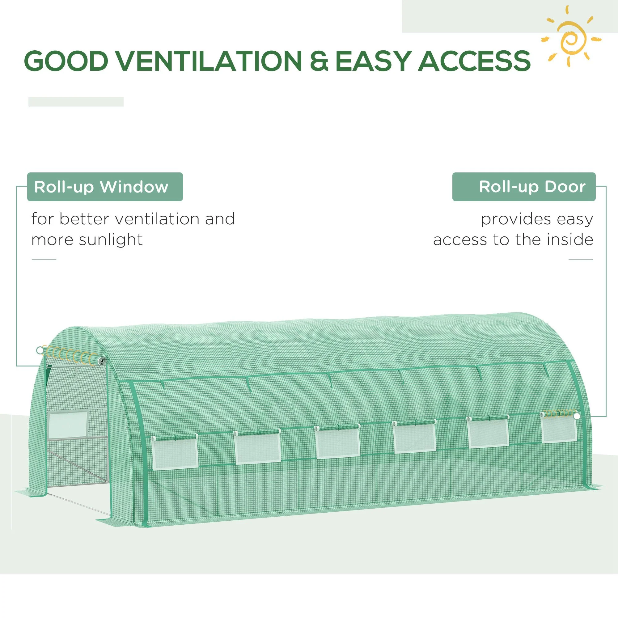6 x 3 x 2m Polytunnel Greenhouse with Roll-up Side Walls, Reinforced Cover & 12 Mesh Windows, Green - Image 7