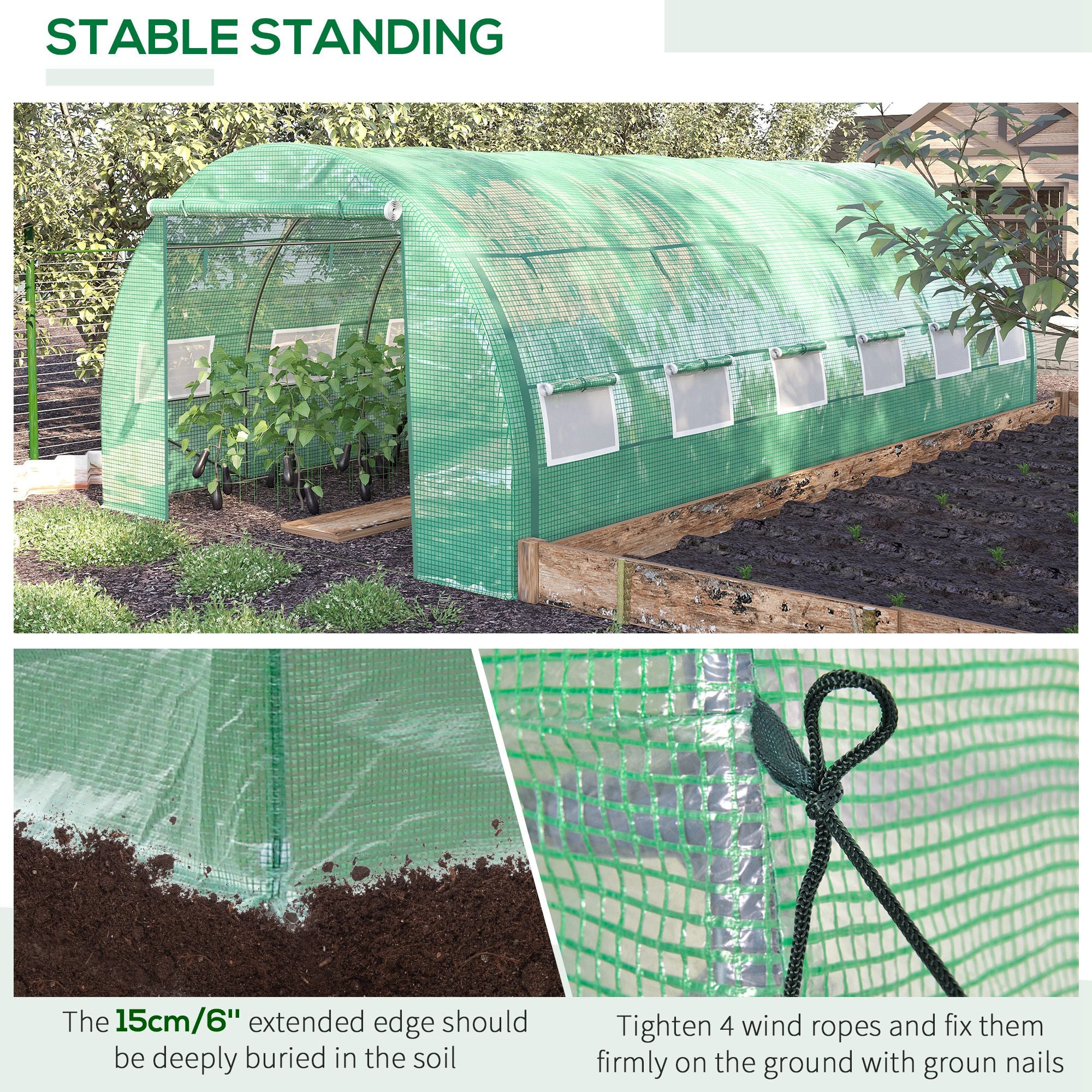 6 x 3 x 2m Polytunnel Greenhouse with Roll-up Side Walls, Reinforced Cover & 12 Mesh Windows, Green - Image 8