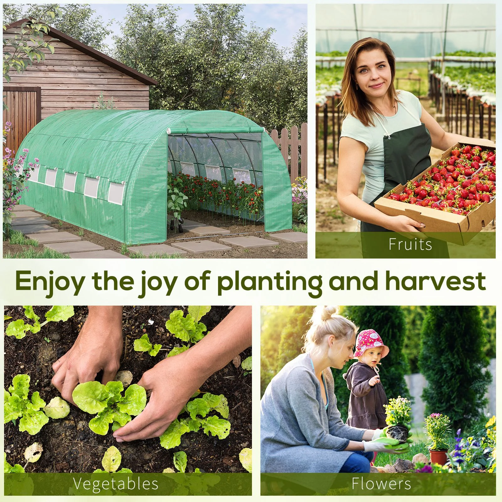 6 x 3 x 2m Polytunnel Greenhouse with Roll-up Side Walls, Reinforced Cover & 12 Mesh Windows, Green - Image 9