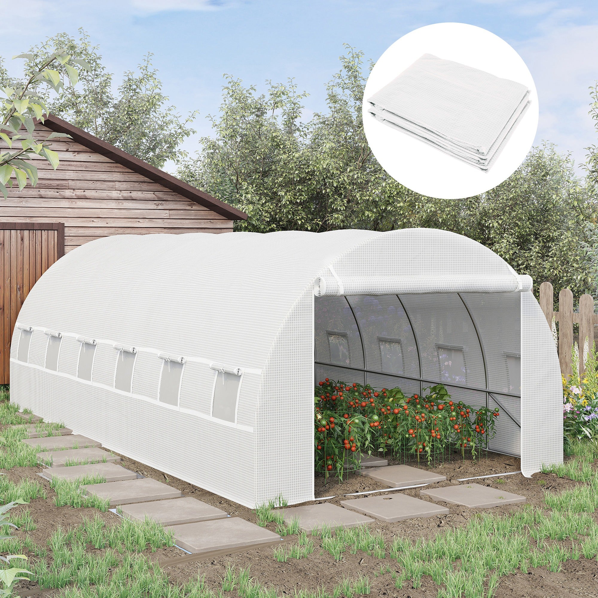6 x 3 x 2m Tunnel Walk-in Greenhouse Cover Replacement with Roll-up Door & Windows, White - Image 3