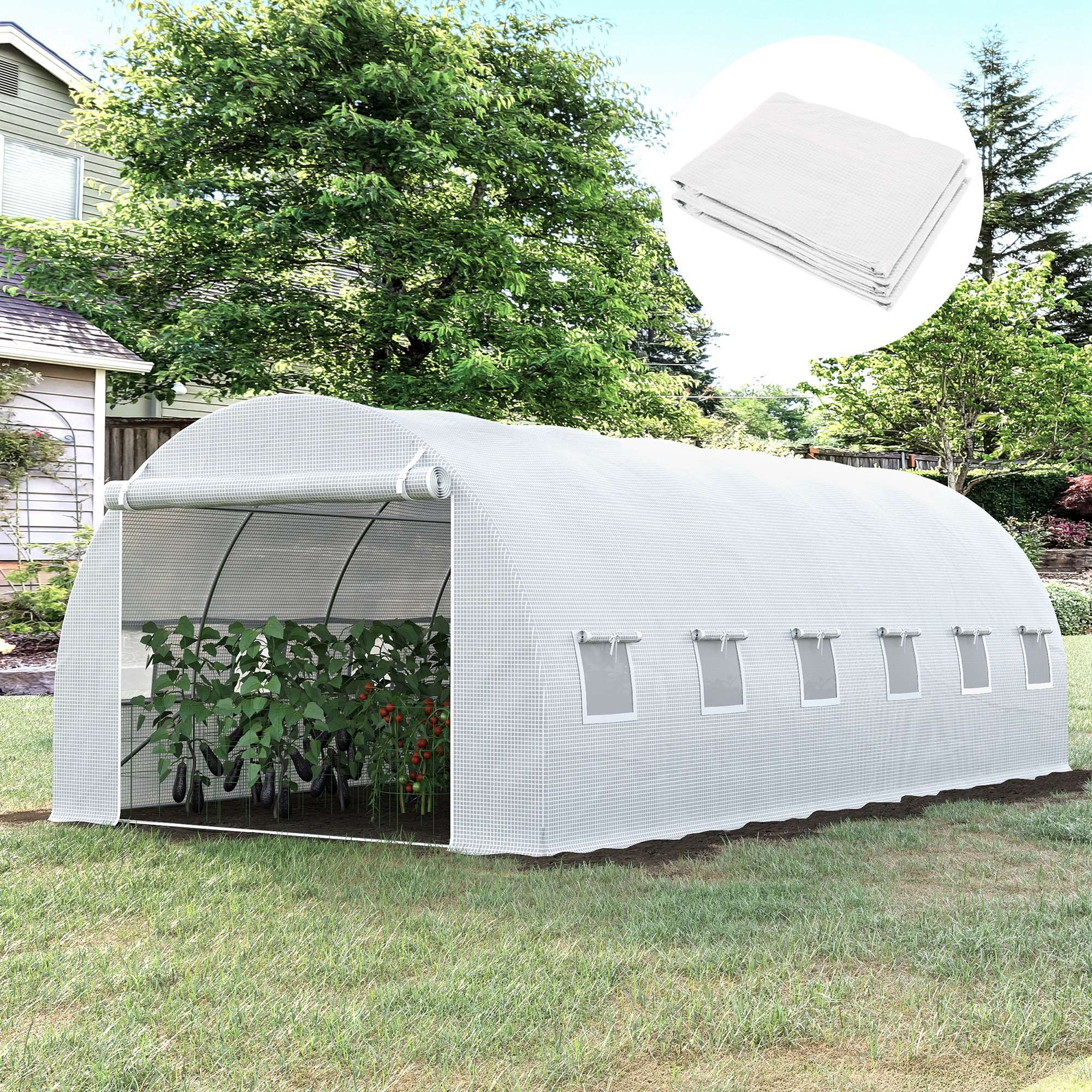 6 x 3 x 2m Tunnel Walk-in Greenhouse Cover Replacement with Roll-up Door & Windows, White - Image 4