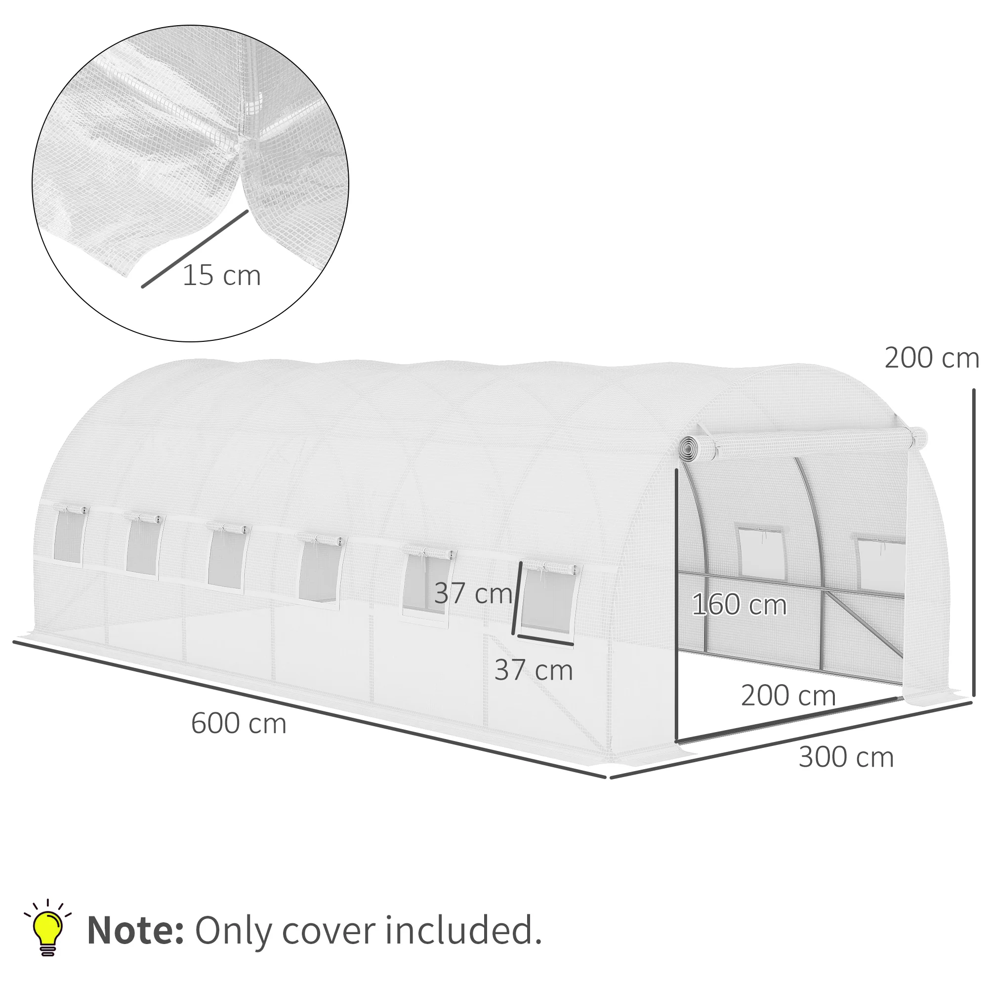 6 x 3 x 2m Tunnel Walk-in Greenhouse Cover Replacement with Roll-up Door & Windows, White - Image 5
