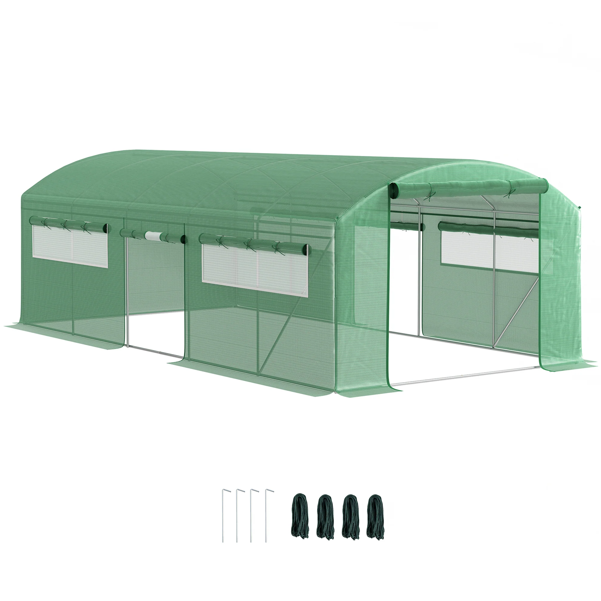 6 x 3 x 2m Polytunnel Greenhouse with 3 Roll-up Doors, Mesh Windows & Anti-UV PE Cover, Green