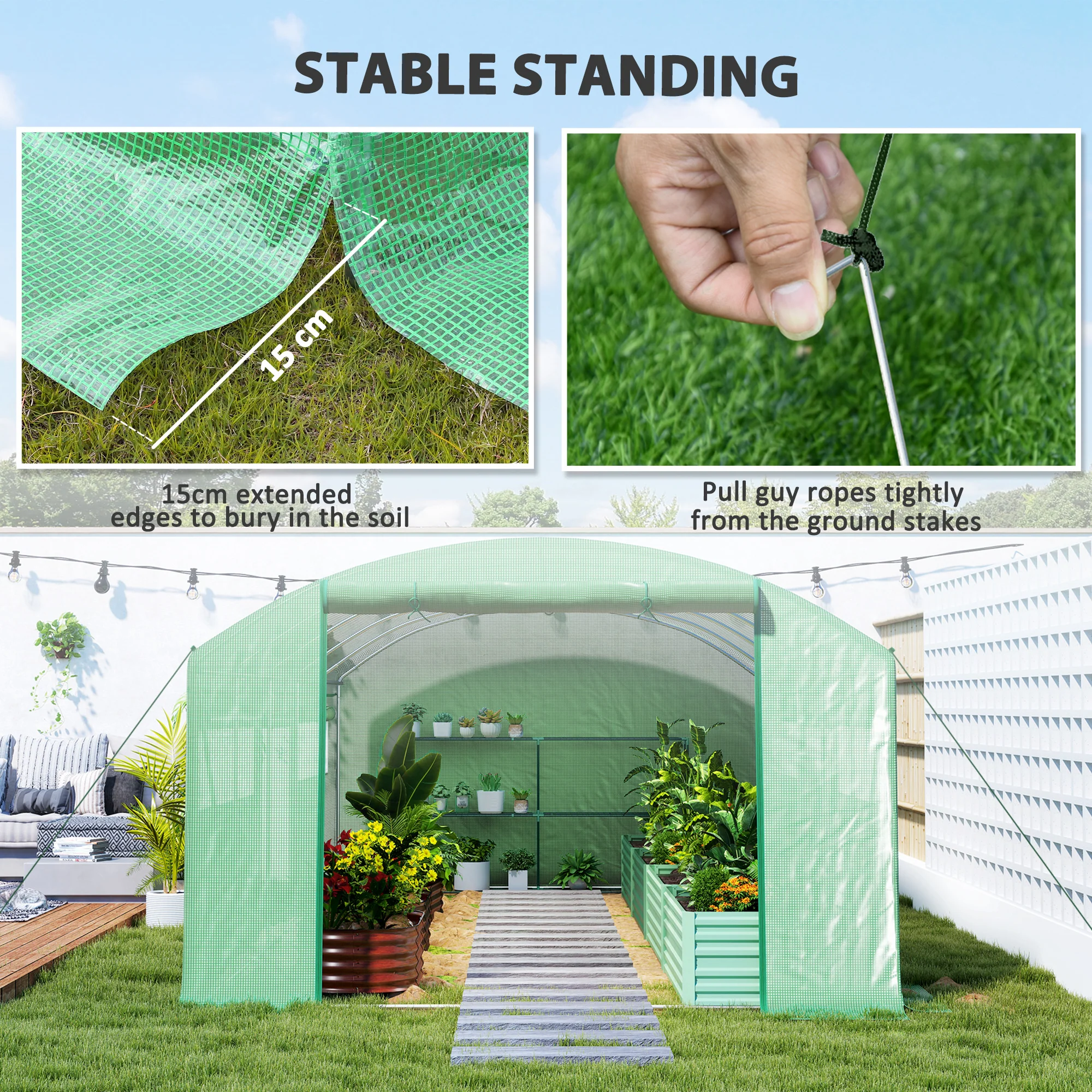 6 x 3 x 2m Polytunnel Greenhouse with 3 Roll-up Doors, Mesh Windows & Anti-UV PE Cover, Green - Image 10
