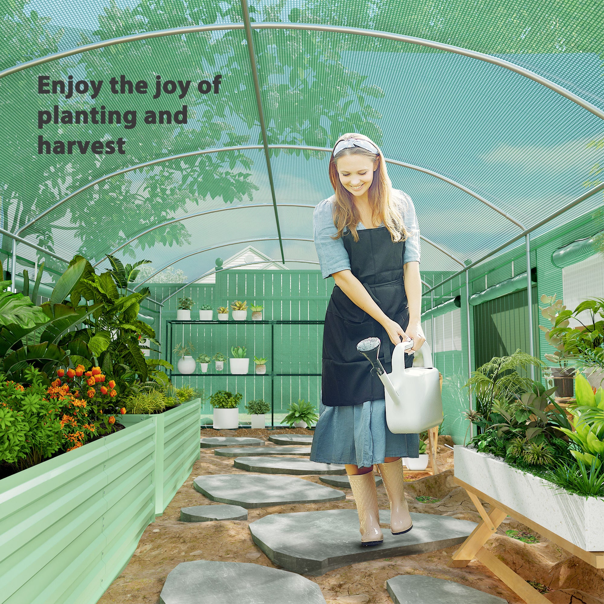 6 x 3 x 2m Polytunnel Greenhouse with 3 Roll-up Doors, Mesh Windows & Anti-UV PE Cover, Green - Image 11