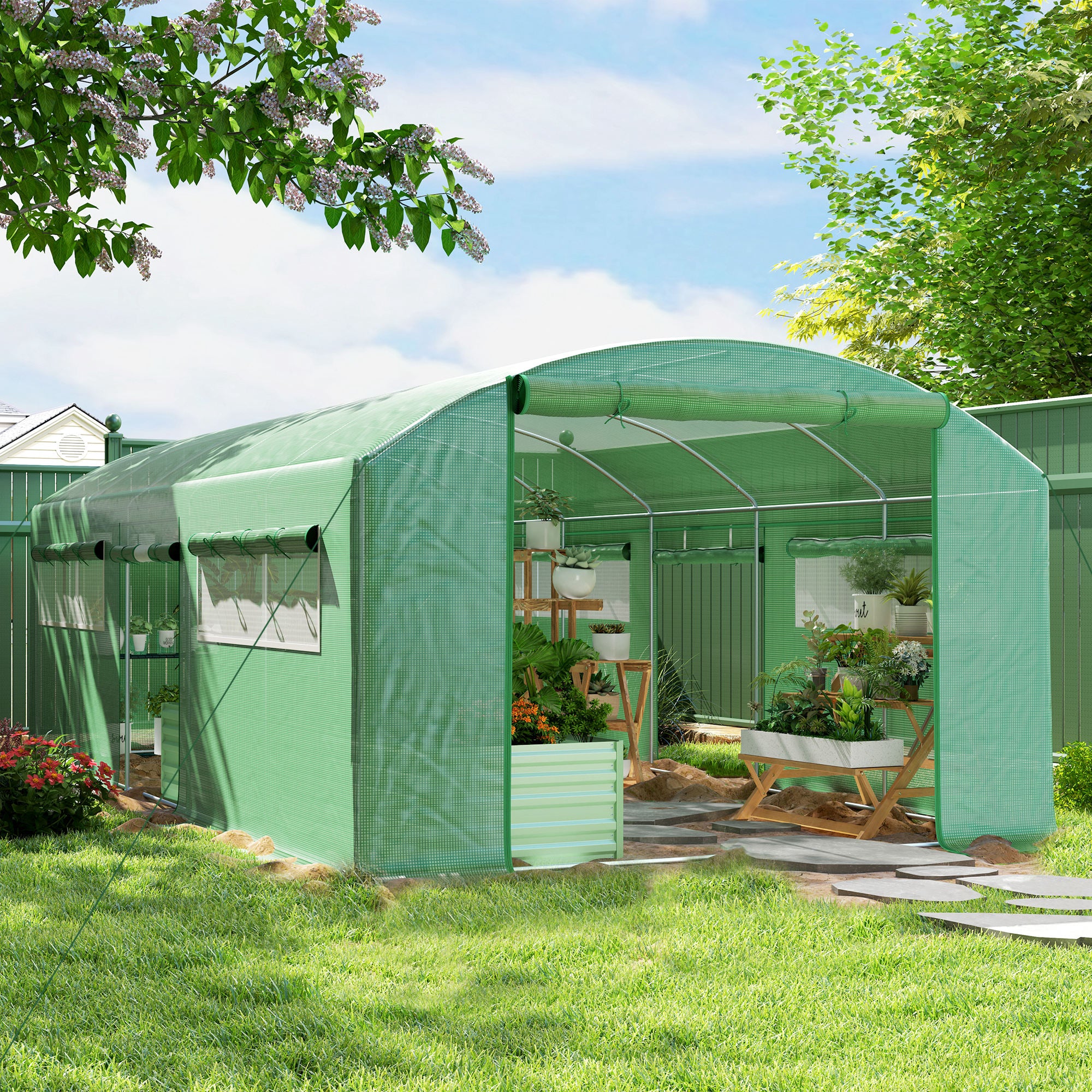 6 x 3 x 2m Polytunnel Greenhouse with 3 Roll-up Doors, Mesh Windows & Anti-UV PE Cover, Green - Image 3
