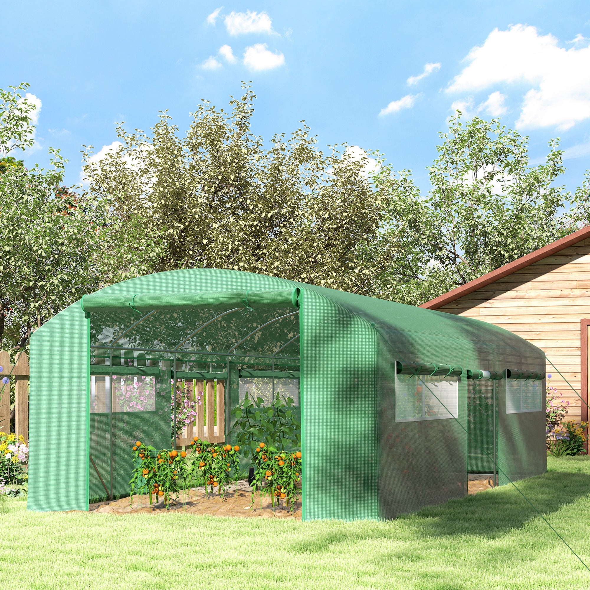 6 x 3 x 2m Polytunnel Greenhouse with 3 Roll-up Doors, Mesh Windows & Anti-UV PE Cover, Green - Image 4