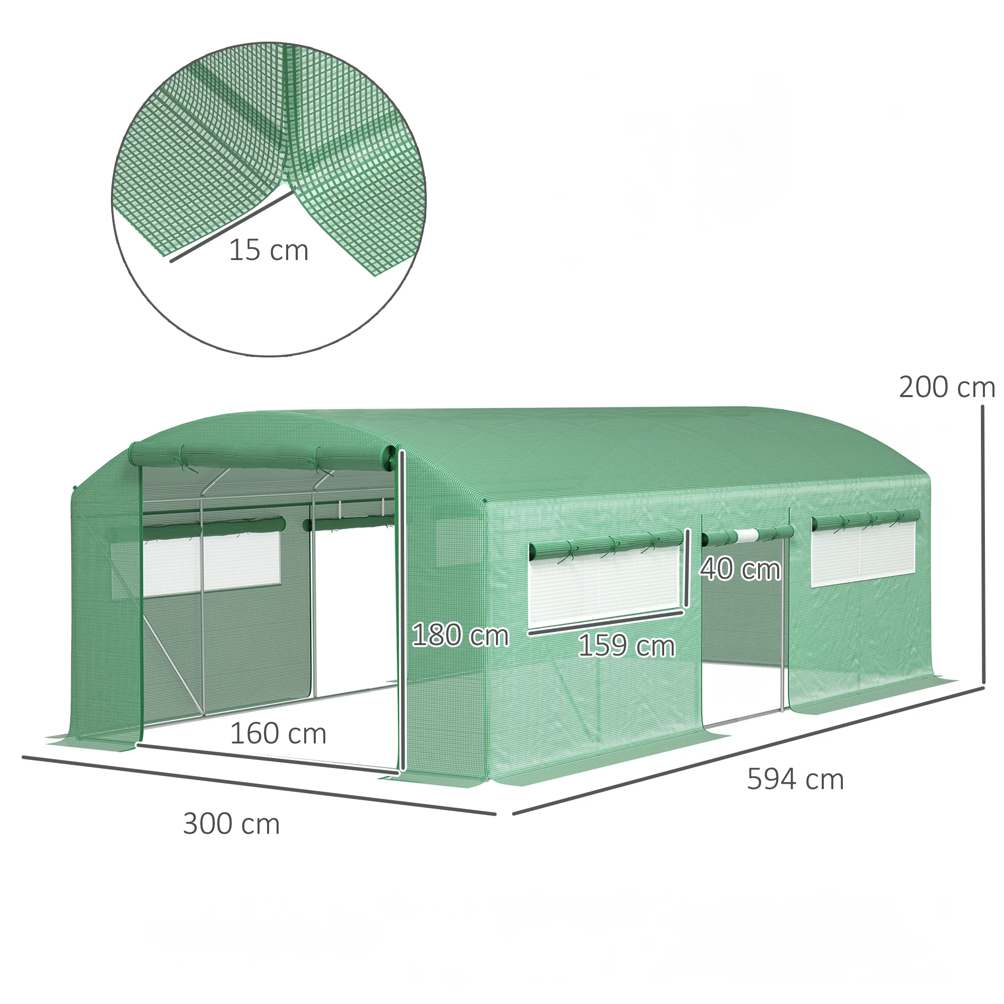 6 x 3 x 2m Polytunnel Greenhouse with 3 Roll-up Doors, Mesh Windows & Anti-UV PE Cover, Green - Image 5