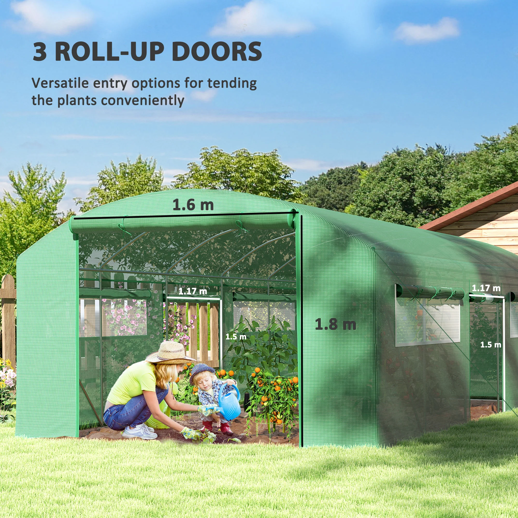 6 x 3 x 2m Polytunnel Greenhouse with 3 Roll-up Doors, Mesh Windows & Anti-UV PE Cover, Green - Image 6