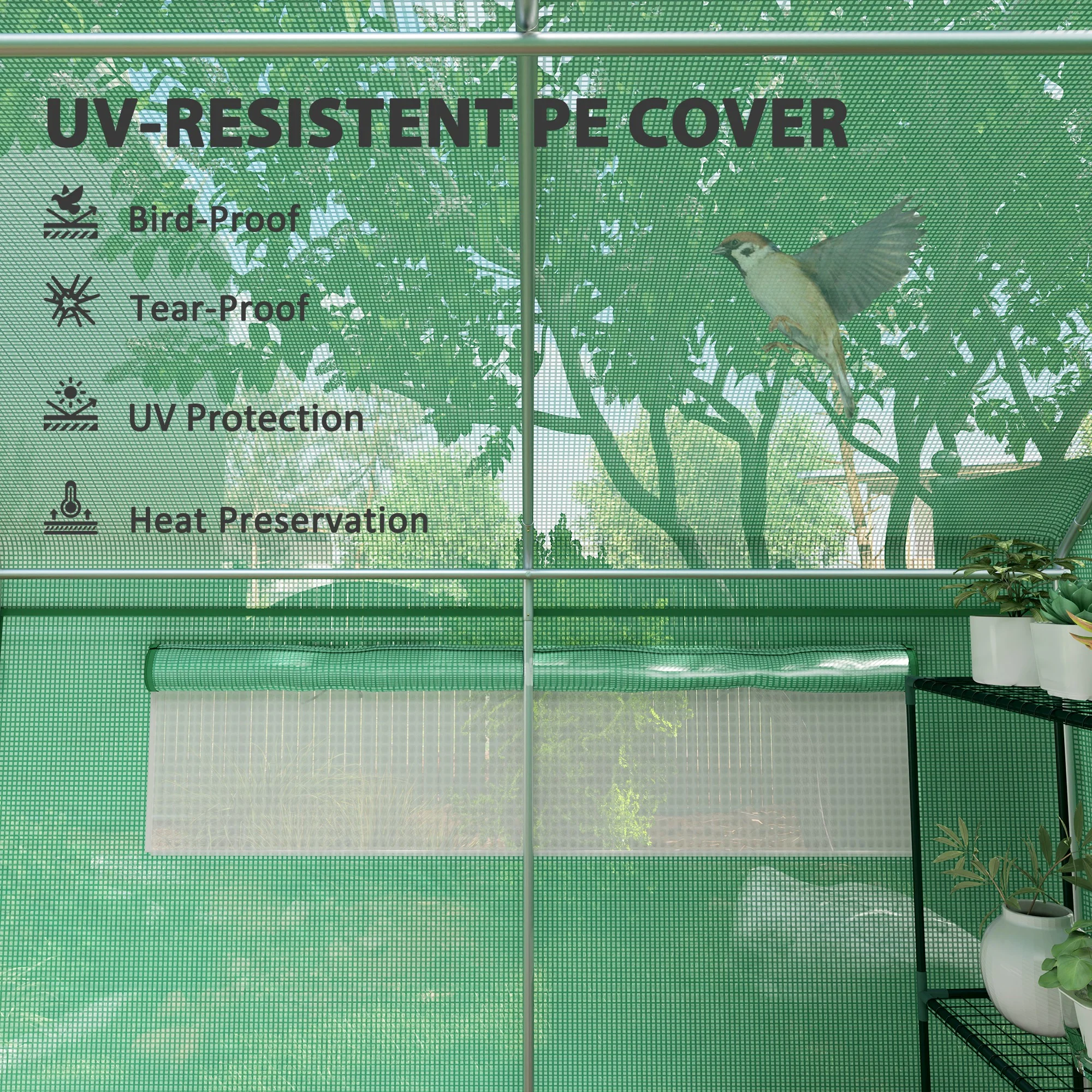6 x 3 x 2m Polytunnel Greenhouse with 3 Roll-up Doors, Mesh Windows & Anti-UV PE Cover, Green - Image 8