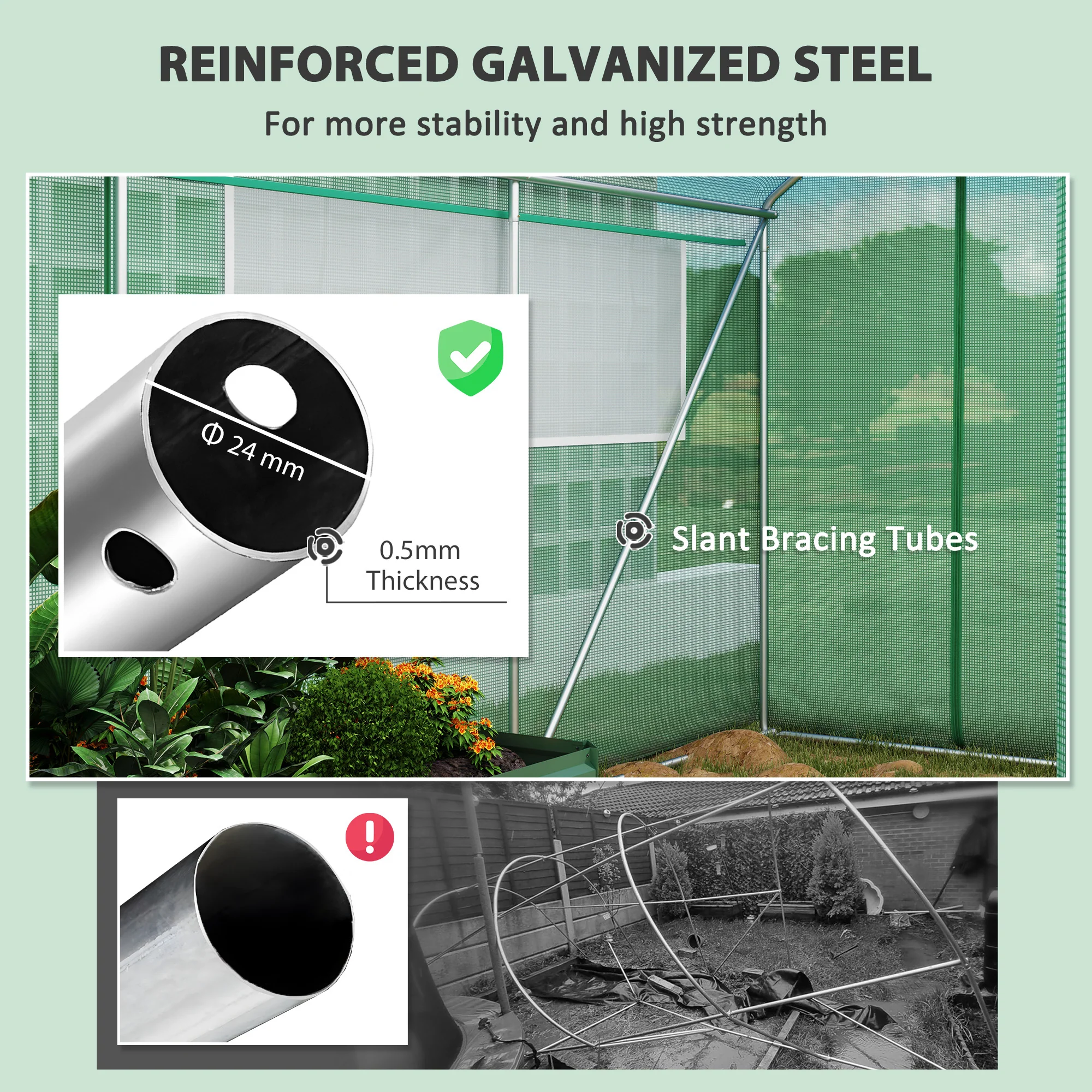 6 x 3 x 2m Polytunnel Greenhouse with 3 Roll-up Doors, Mesh Windows & Anti-UV PE Cover, Green - Image 9