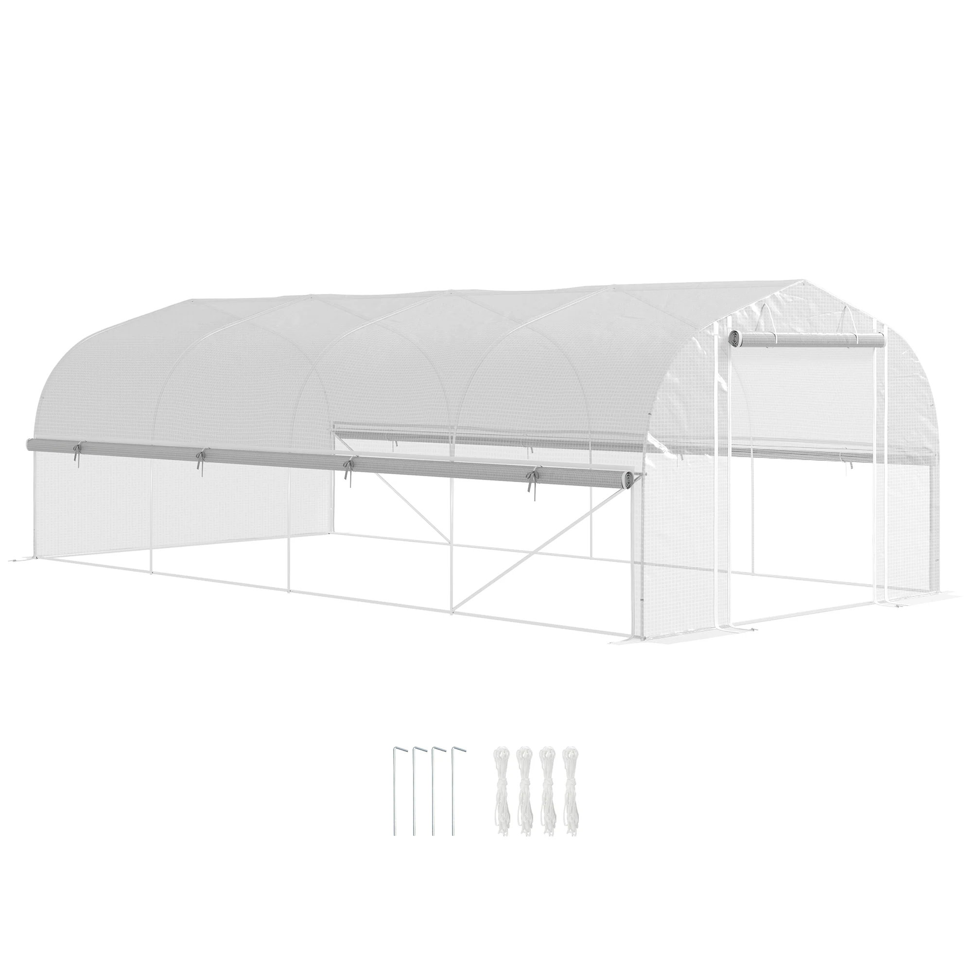 6 x 3 x 2m Walk-in Polytunnel Greenhouse w/ Zipped Roll Up Sidewalls & 8 Mesh Windows, White