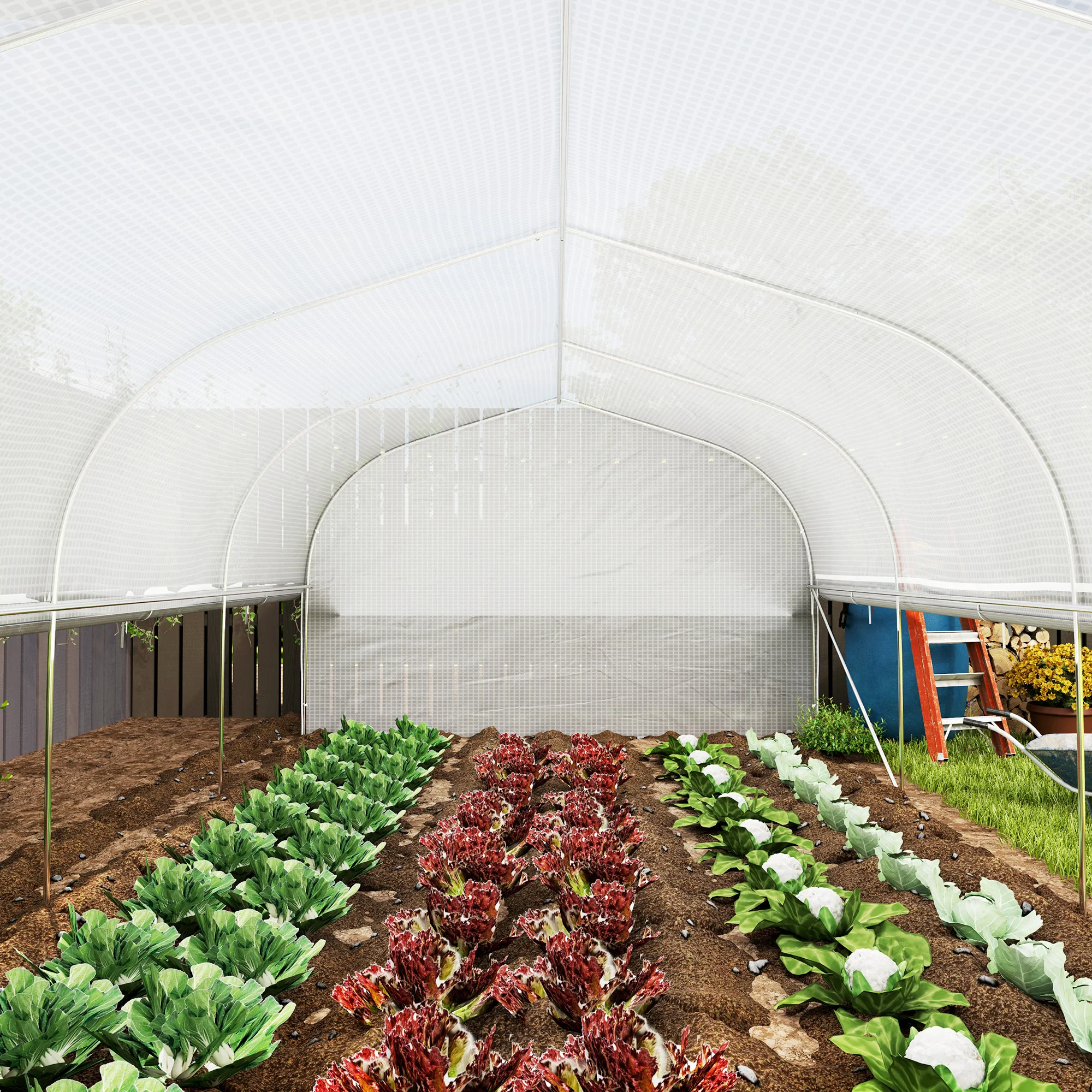6 x 3 x 2m Walk-in Polytunnel Greenhouse w/ Zipped Roll Up Sidewalls & 8 Mesh Windows, White - Image 11