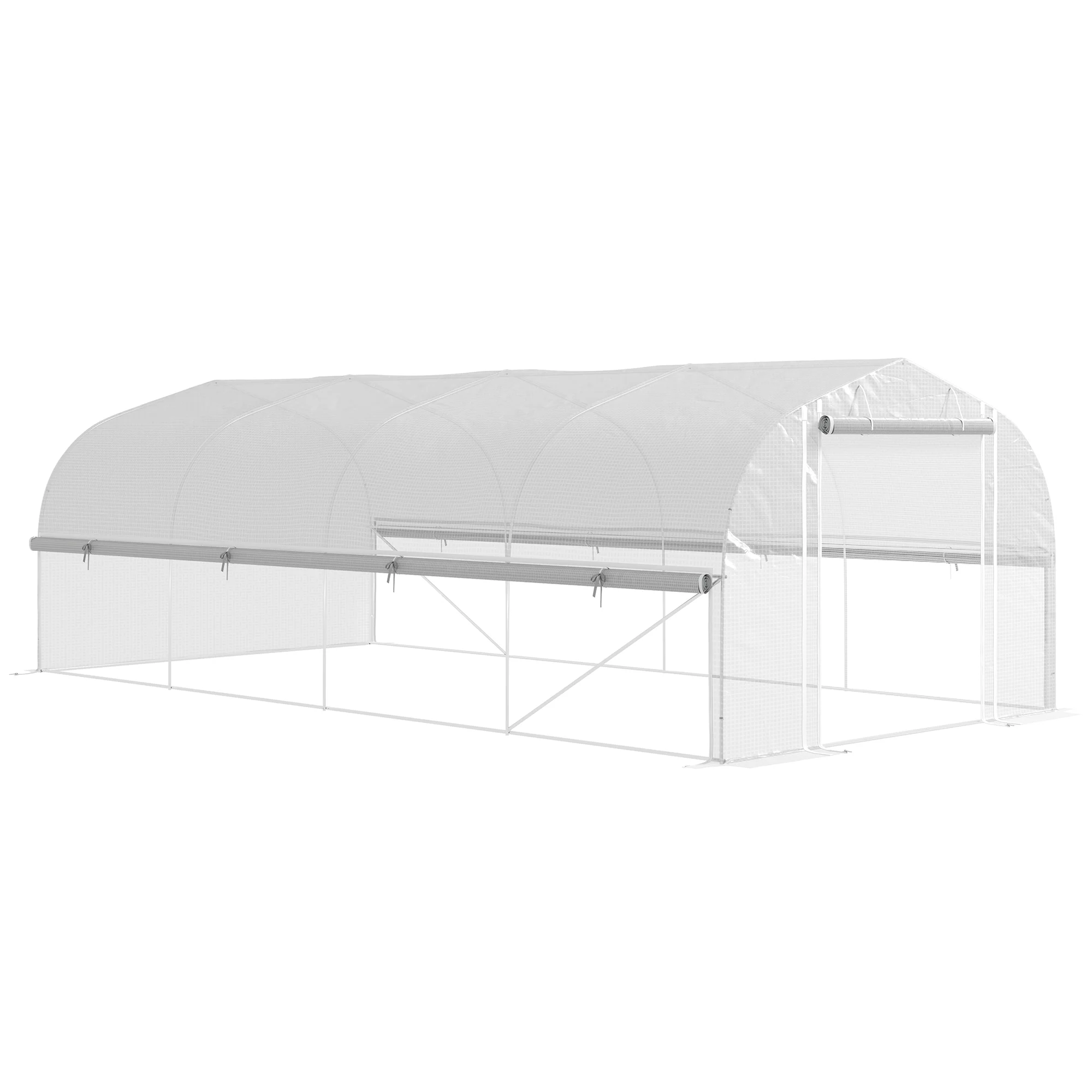6 x 3 x 2m Walk-in Polytunnel Greenhouse w/ Zipped Roll Up Sidewalls & 8 Mesh Windows, White - Image 12