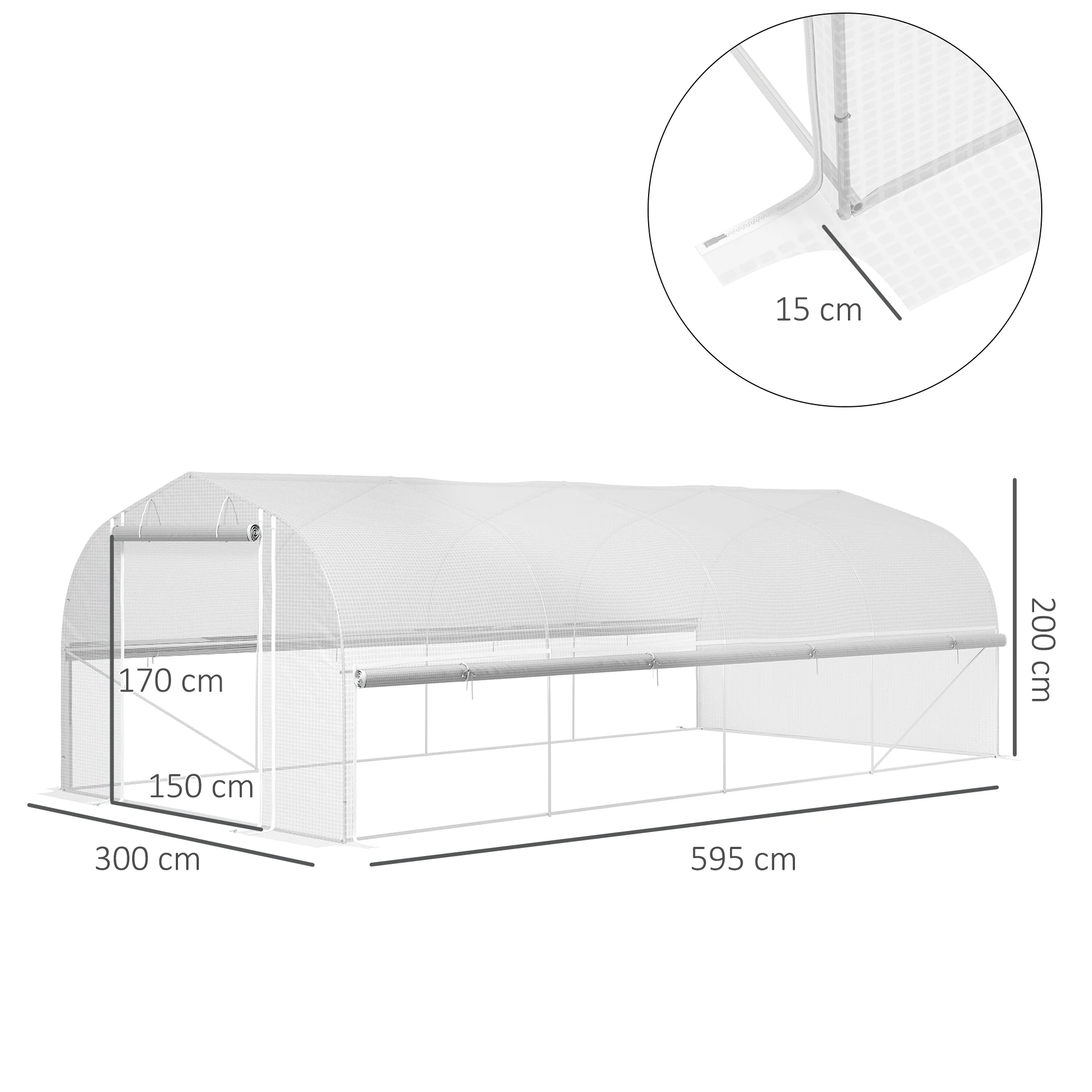 6 x 3 x 2m Walk-in Polytunnel Greenhouse w/ Zipped Roll Up Sidewalls & 8 Mesh Windows, White - Image 5