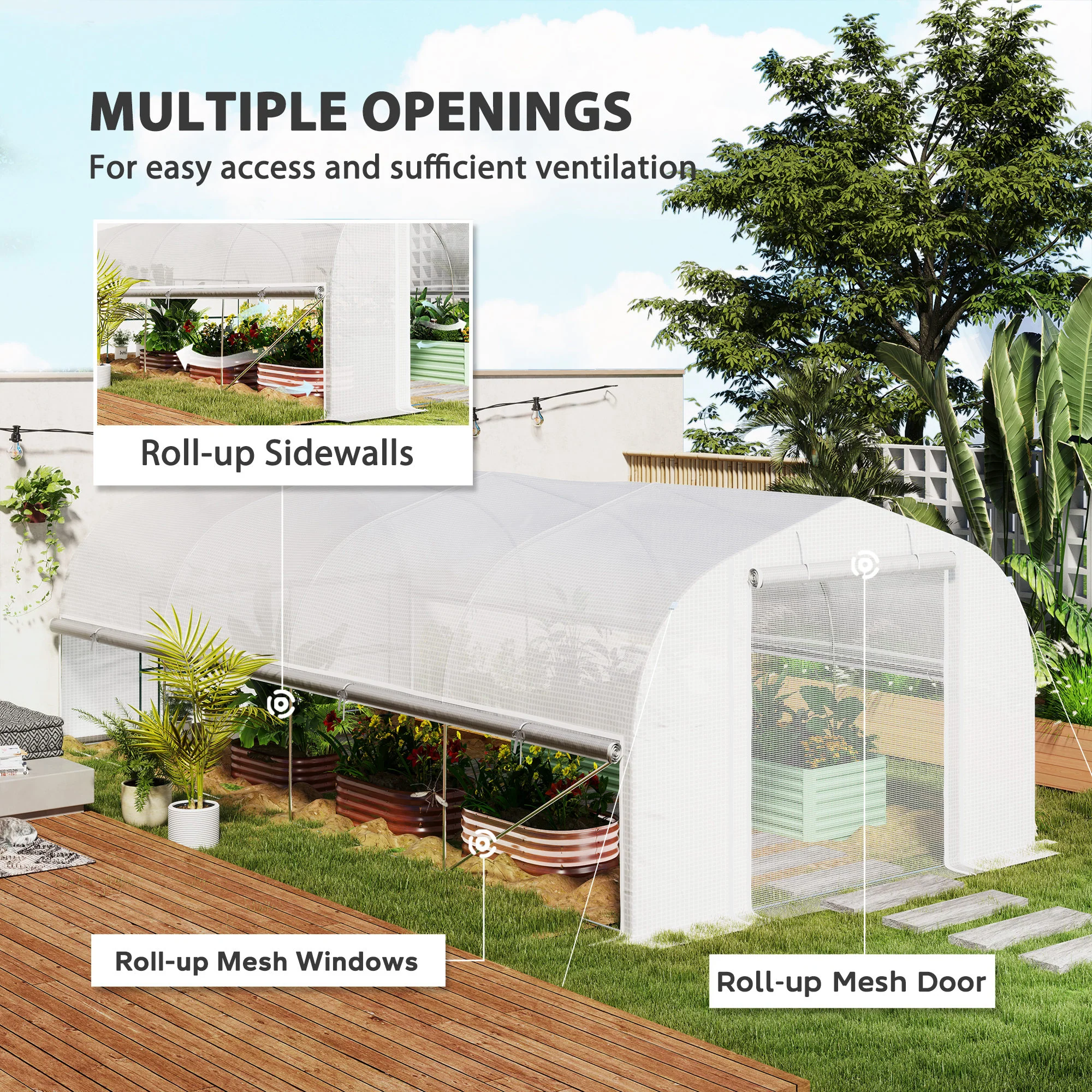6 x 3 x 2m Walk-in Polytunnel Greenhouse w/ Zipped Roll Up Sidewalls & 8 Mesh Windows, White - Image 6