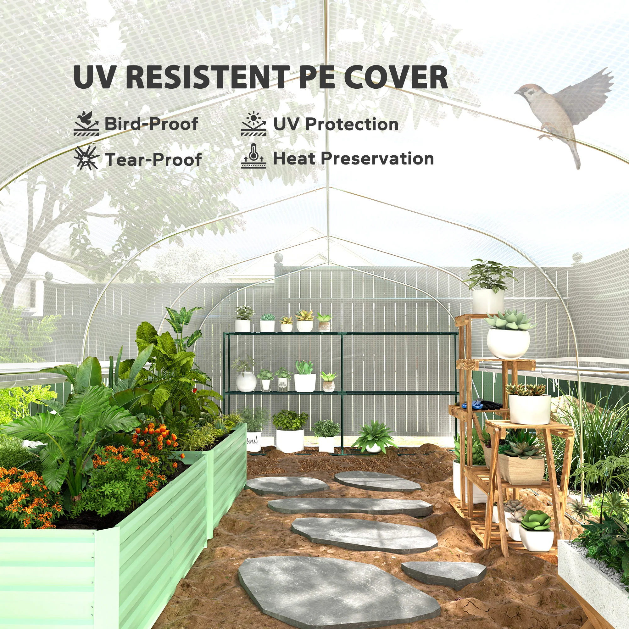 6 x 3 x 2m Walk-in Polytunnel Greenhouse w/ Zipped Roll Up Sidewalls & 8 Mesh Windows, White - Image 7