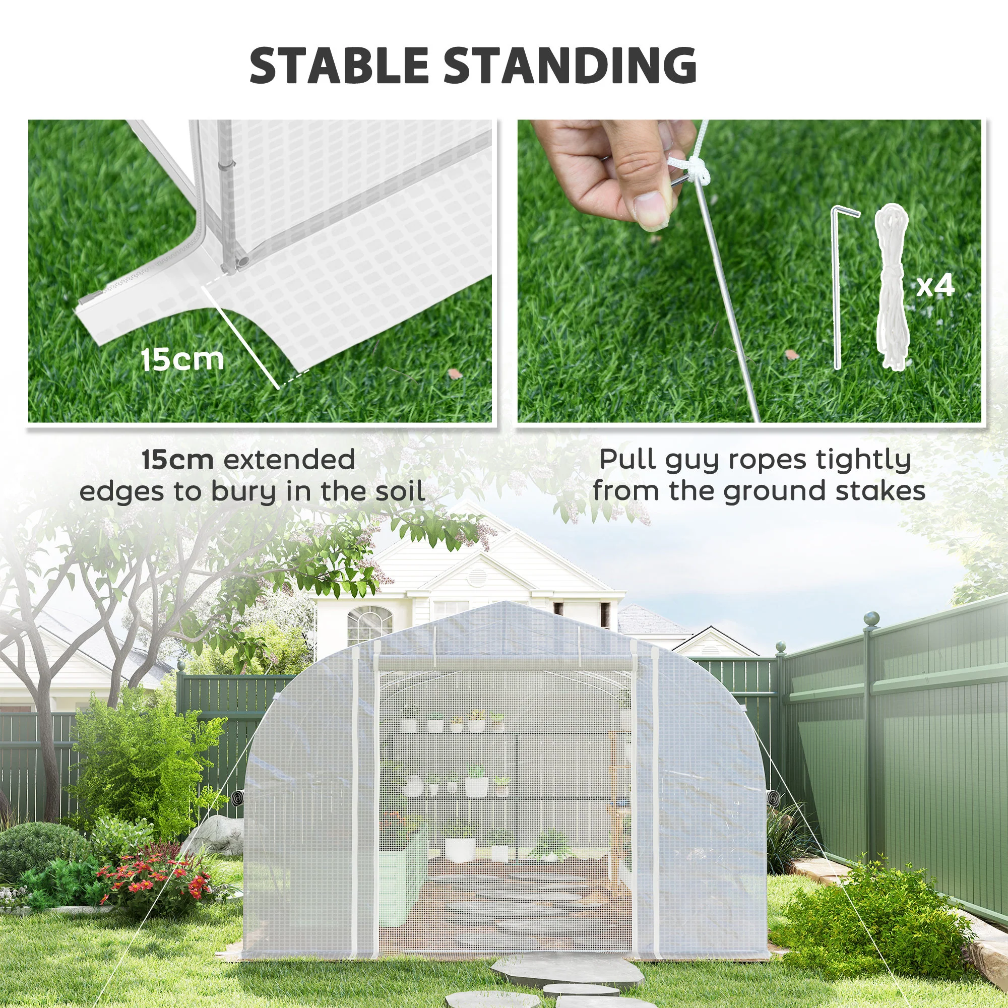 6 x 3 x 2m Walk-in Polytunnel Greenhouse w/ Zipped Roll Up Sidewalls & 8 Mesh Windows, White - Image 9