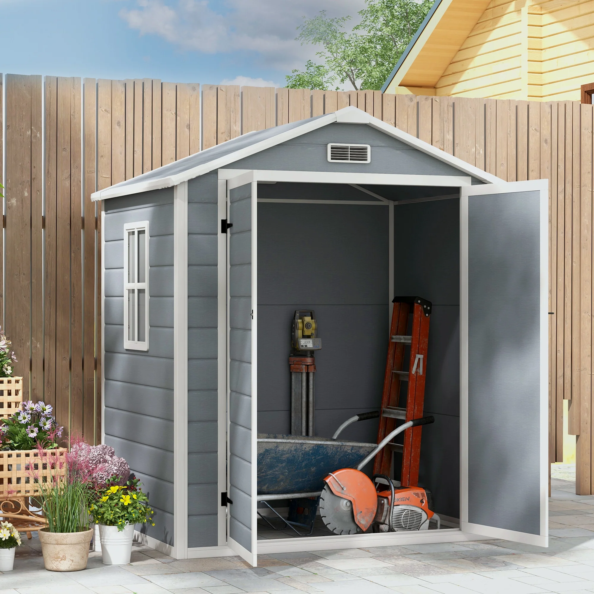 6 x 4.5FT Plastic Garden Shed, Lockable Tool Storage Shed w/ Floor, Window & Plastic Roof, Grey - Image 3
