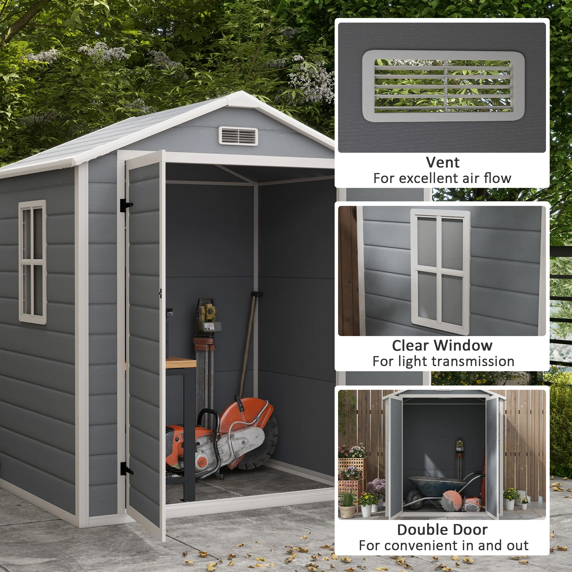 6 x 4.5FT Plastic Garden Shed, Lockable Tool Storage Shed w/ Floor, Window & Plastic Roof, Grey - Image 7