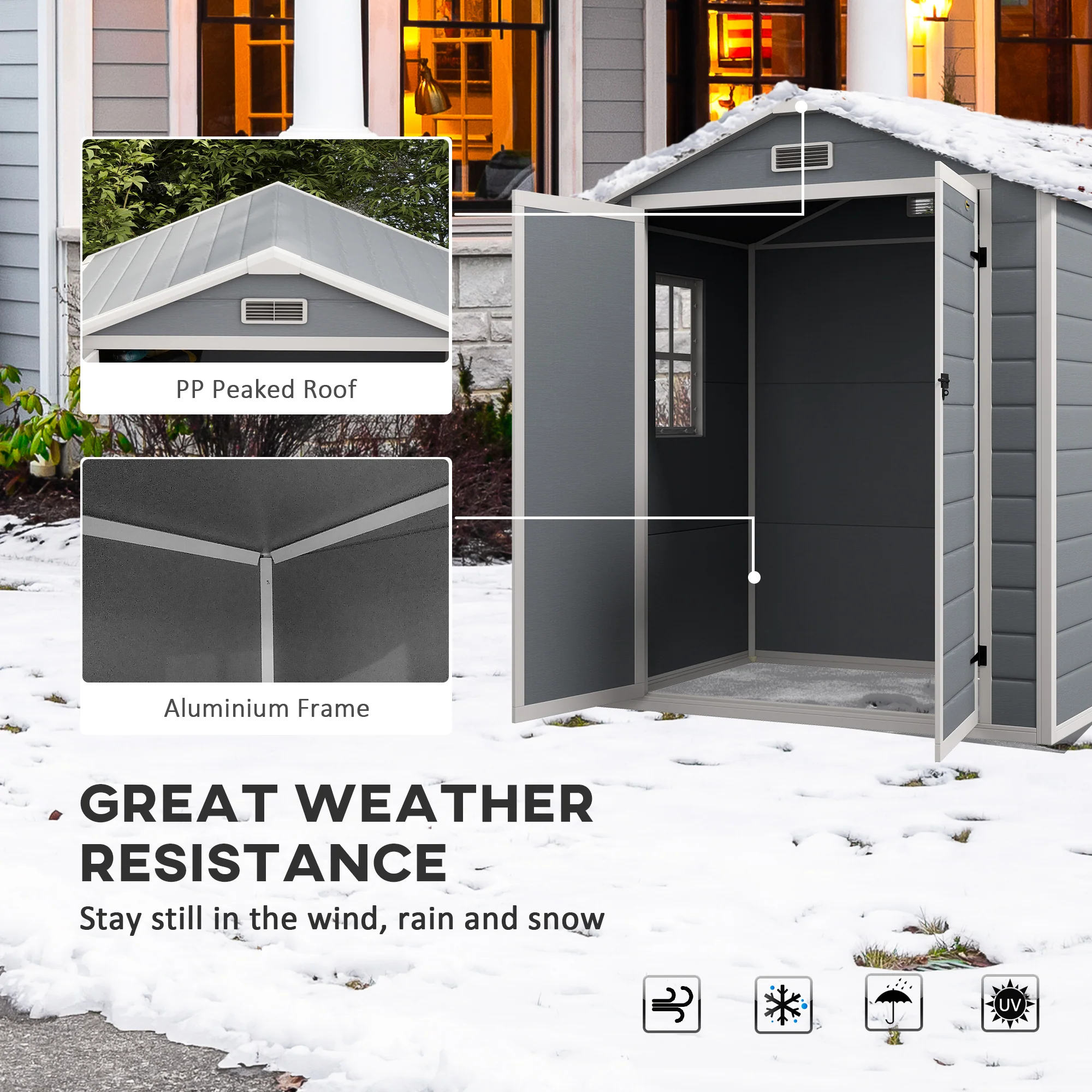 6 x 4.5FT Plastic Garden Shed, Lockable Tool Storage Shed w/ Floor, Window & Plastic Roof, Grey - Image 8